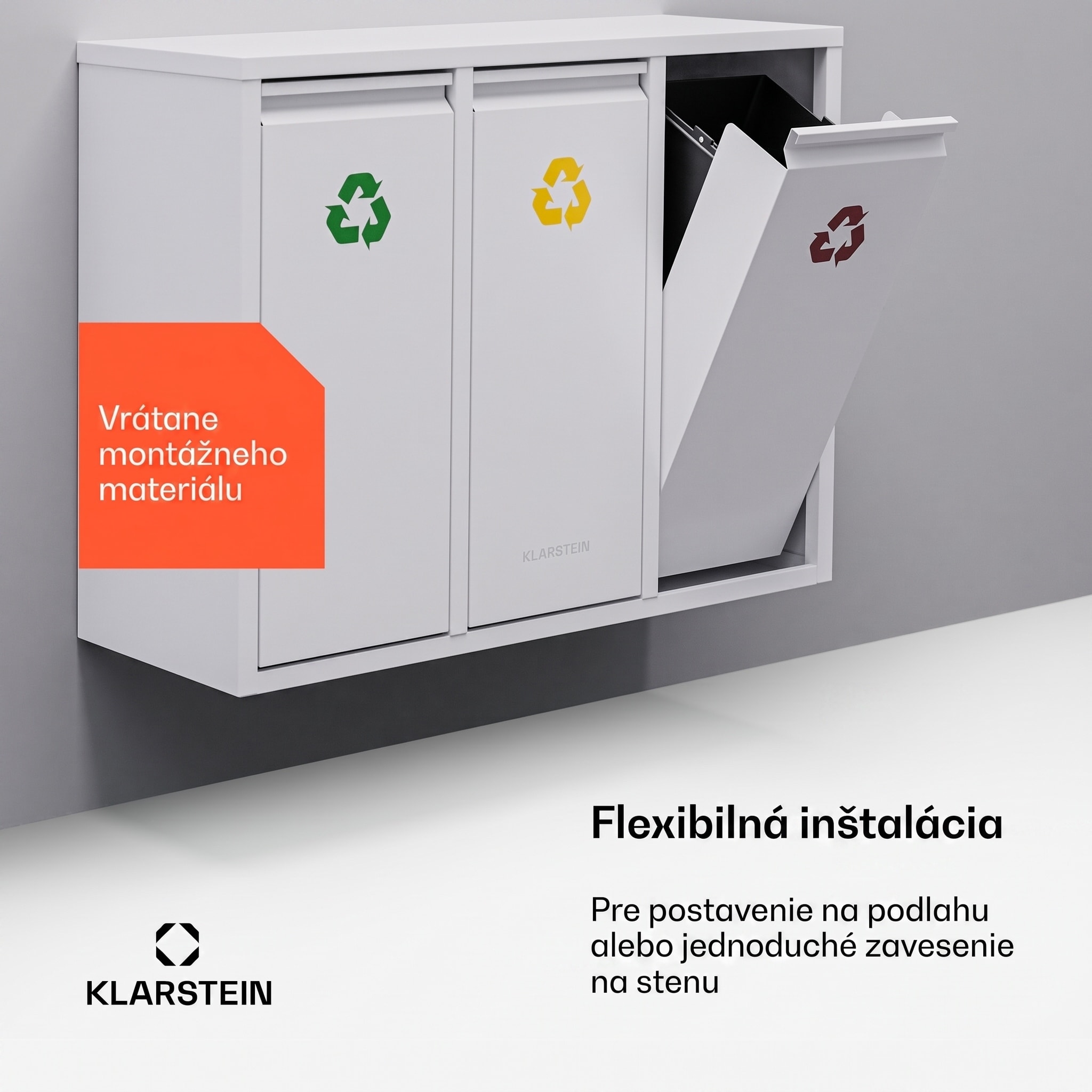 Klarstein Ordnungshüter 3 odpadkové koše 45 litrov 3 nádoby recyklácia nástenná montáž – Obrázok 4