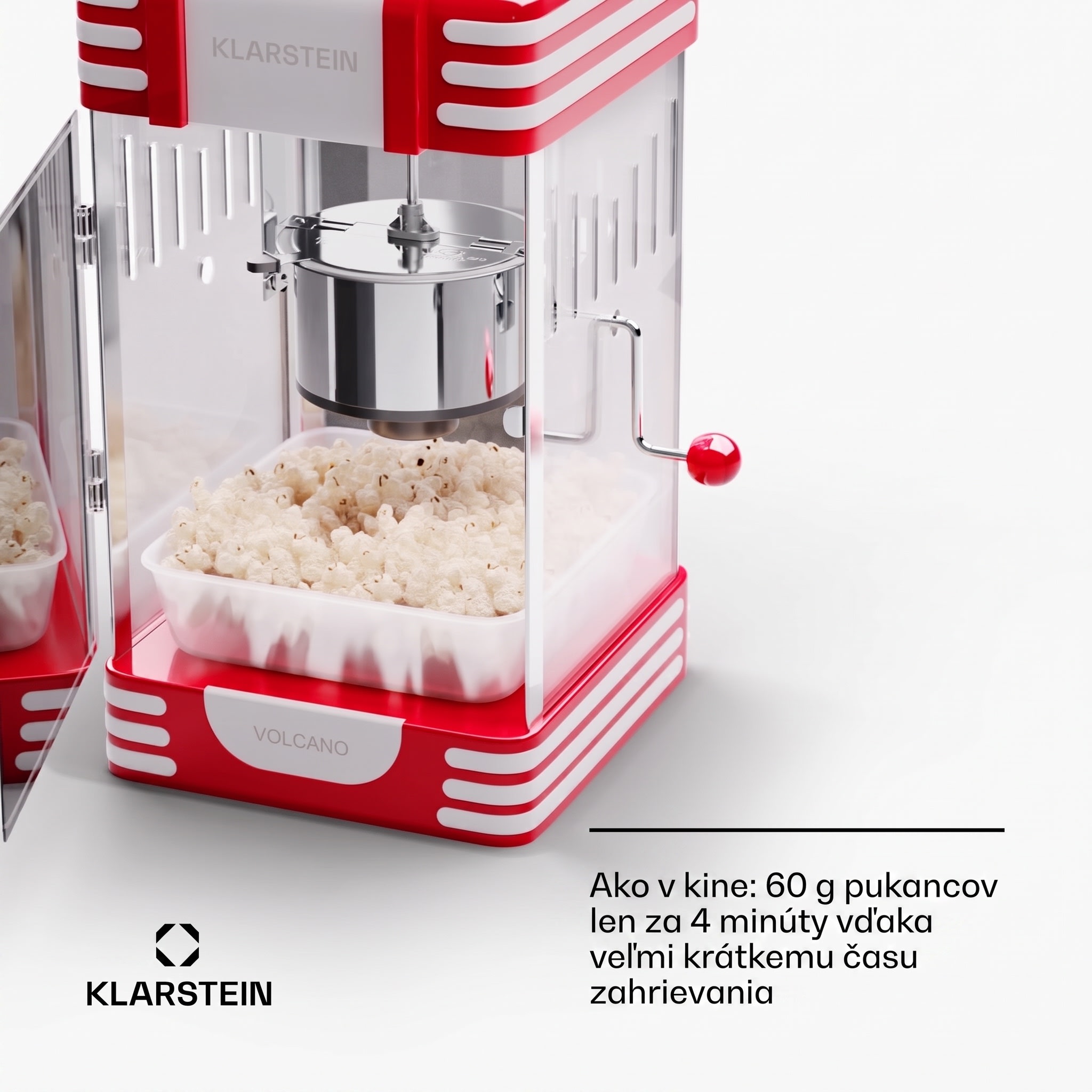 Klarstein Volcano Popkornovač 300 W hrniec z nehrdzvejúcej ocele 60 g / 4 min Retro-Design – Obrázok 2