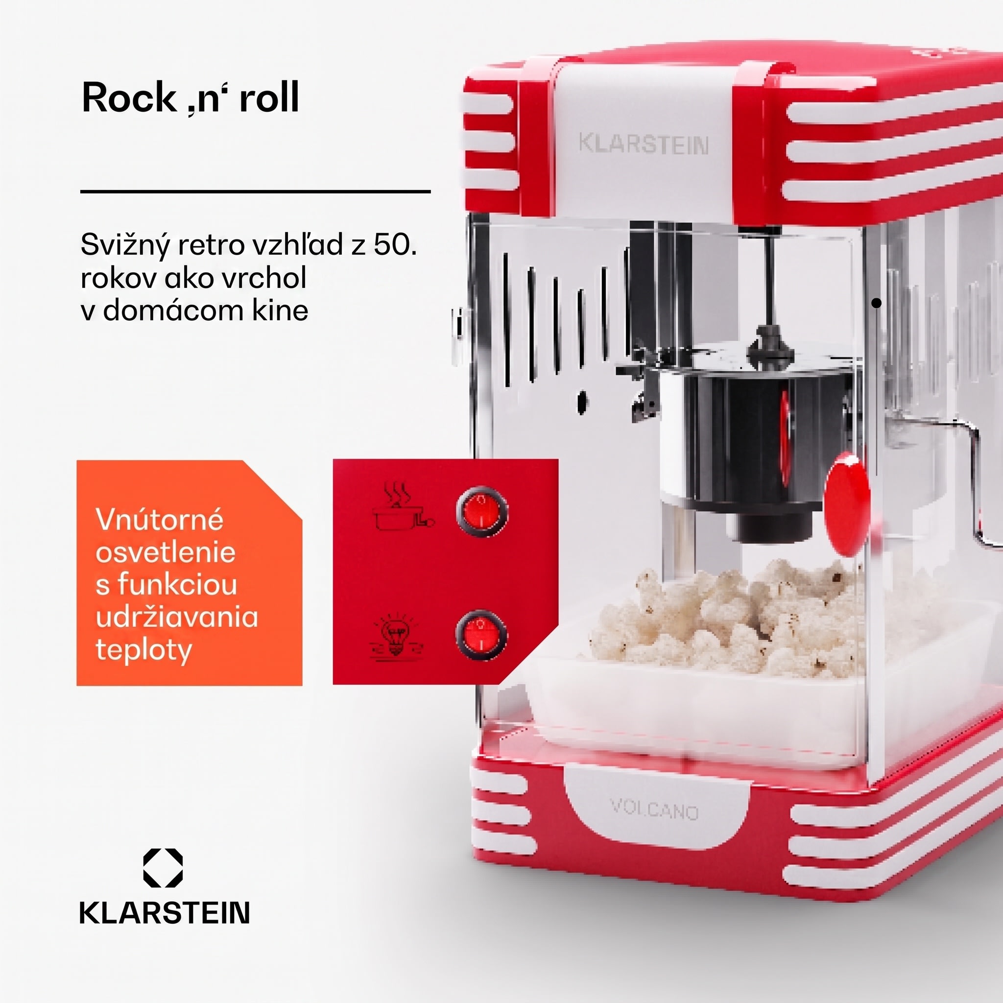 Klarstein Volcano Popkornovač 300 W hrniec z nehrdzvejúcej ocele 60 g / 4 min Retro-Design – Obrázok 3