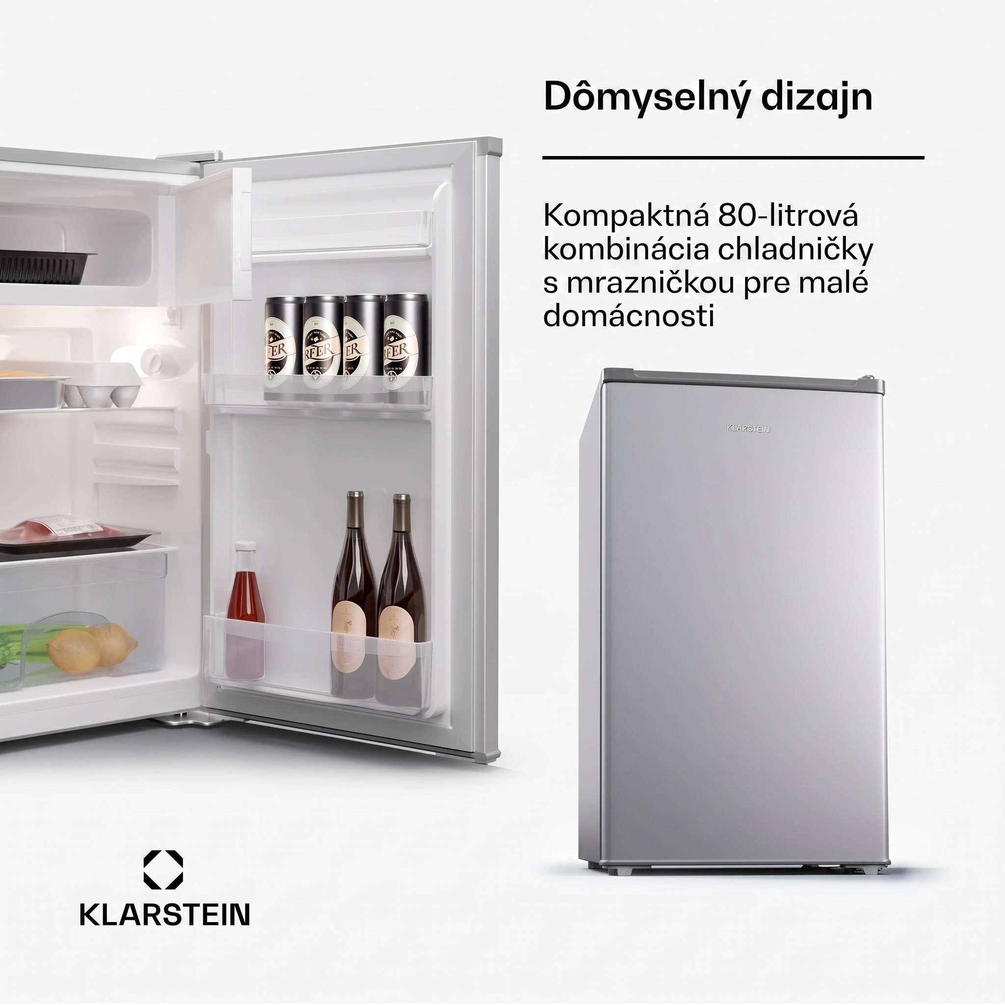 Klarstein Cool Cousin, chladnička s mrazničkou, 70/11 l, 40 dB, 2 police – Obrázok 2