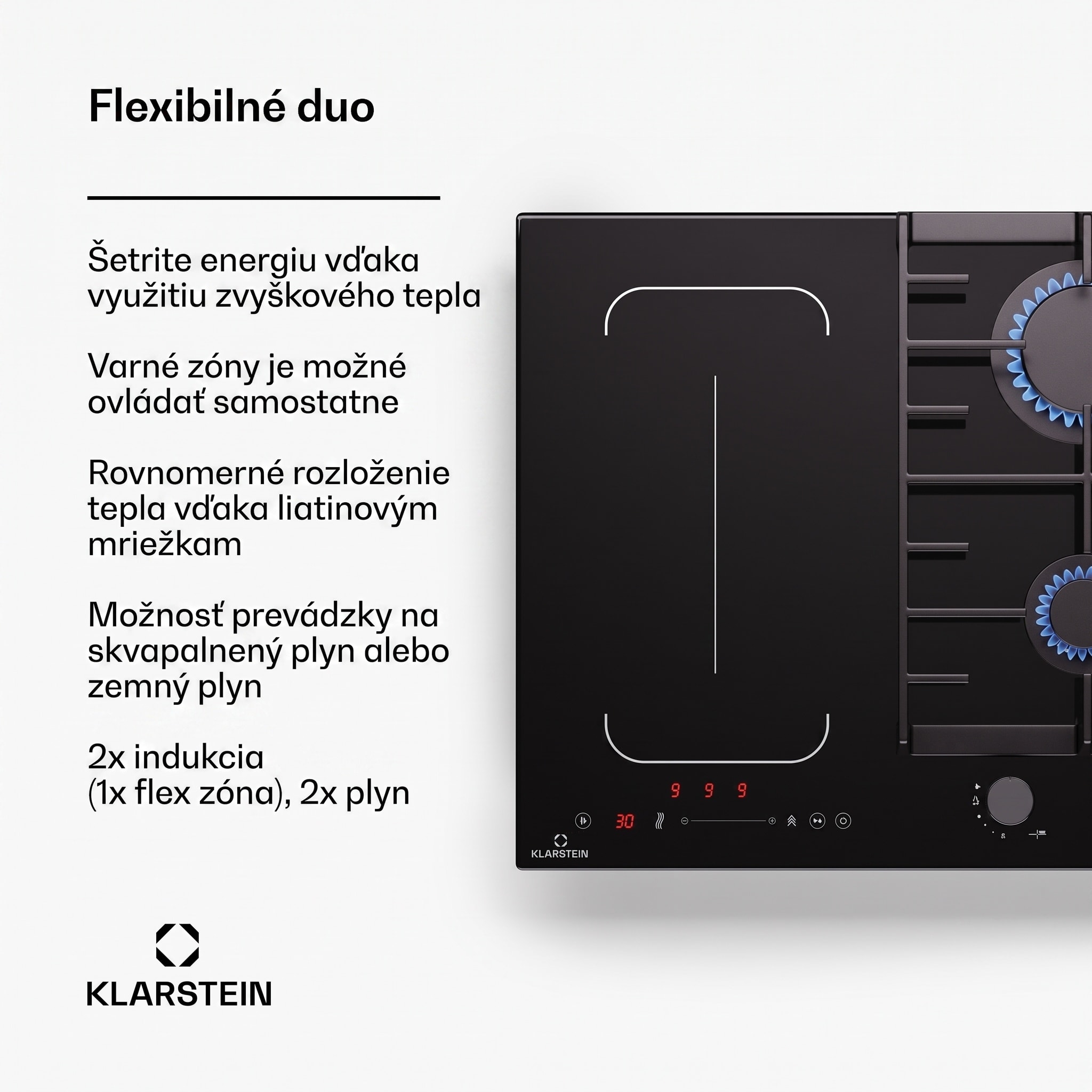Klarstein MultiChef 4, indukčné a plynové varná doska, 4 varné zóny, 2 plynové horáky, 2 indukčné varné dosky, FlexZone – Obrázok 2