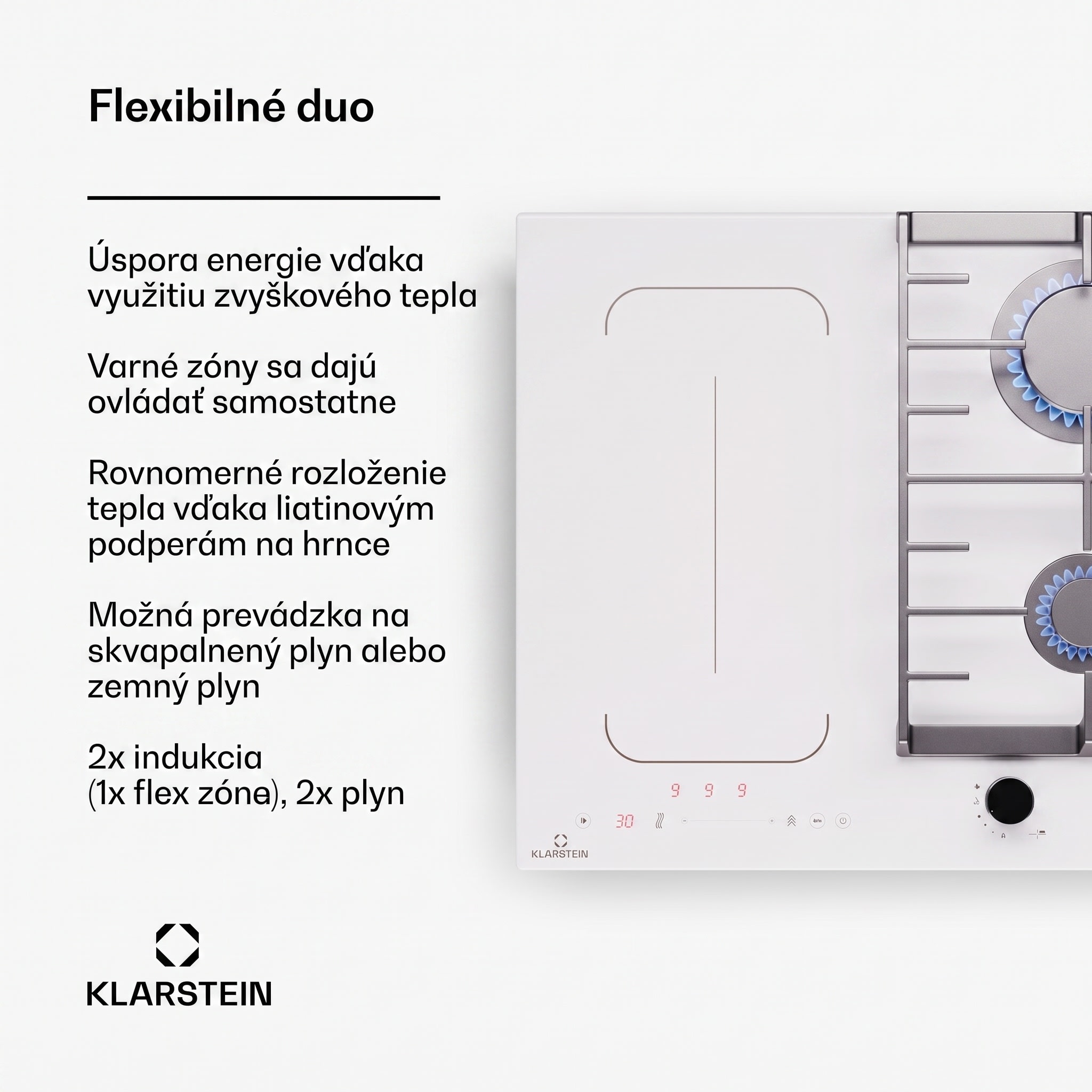 Klarstein MultiChef 4, indukčná a plynová varná doska, 4 varné zóny, 2 plynové horáky, 2 indukčné varné dosky, FlexZone – Obrázok 2