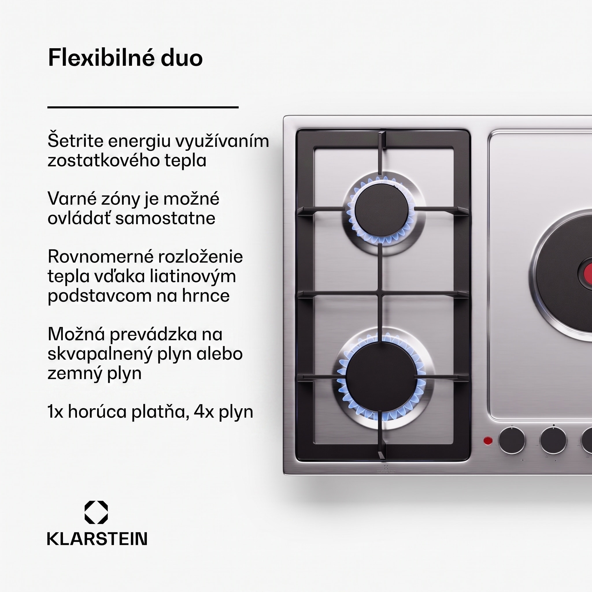 Klarstein MultiChef 5 Hot Plate, elektrická a plynová varná doska, 5 varných zón, 4 horáky, 1 elektrická platňa – Obrázok 2