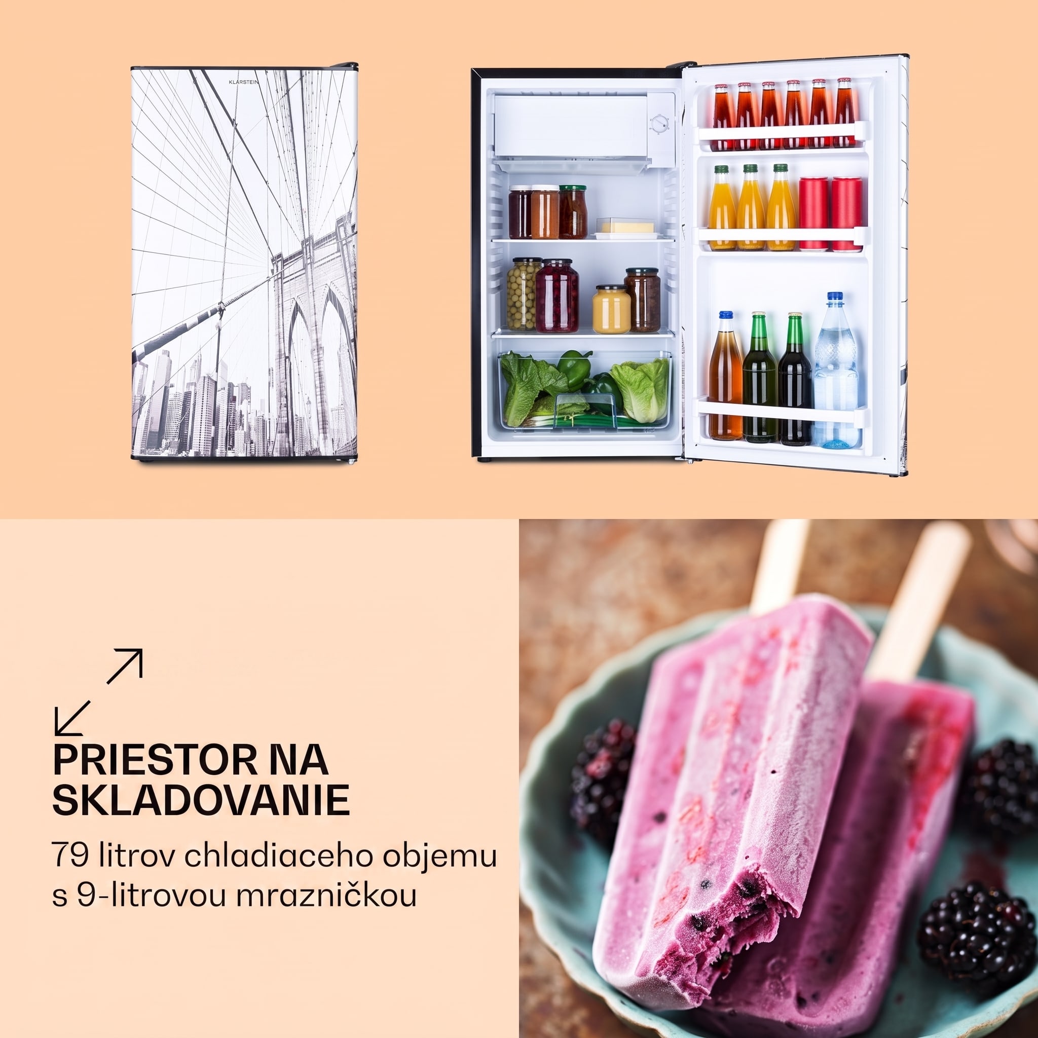 Klarstein CoolArt 79L, kombinovaná chladnička s mrazničkou, EEK E, mraziaci priestor 9 l, dizajnové dvere – Obrázok 3