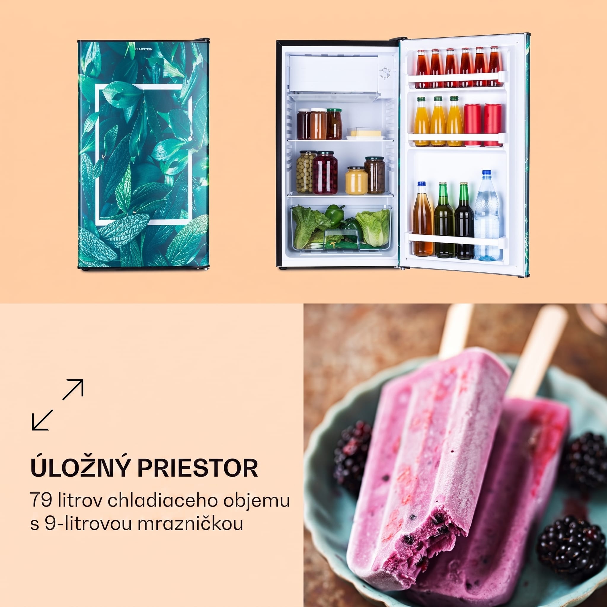 Klarstein CoolArt 79L, kombinovaná chladnička s mrazničkou, EEK E, mraziaci priestor 9 l, dizajnové dvere – Obrázok 3