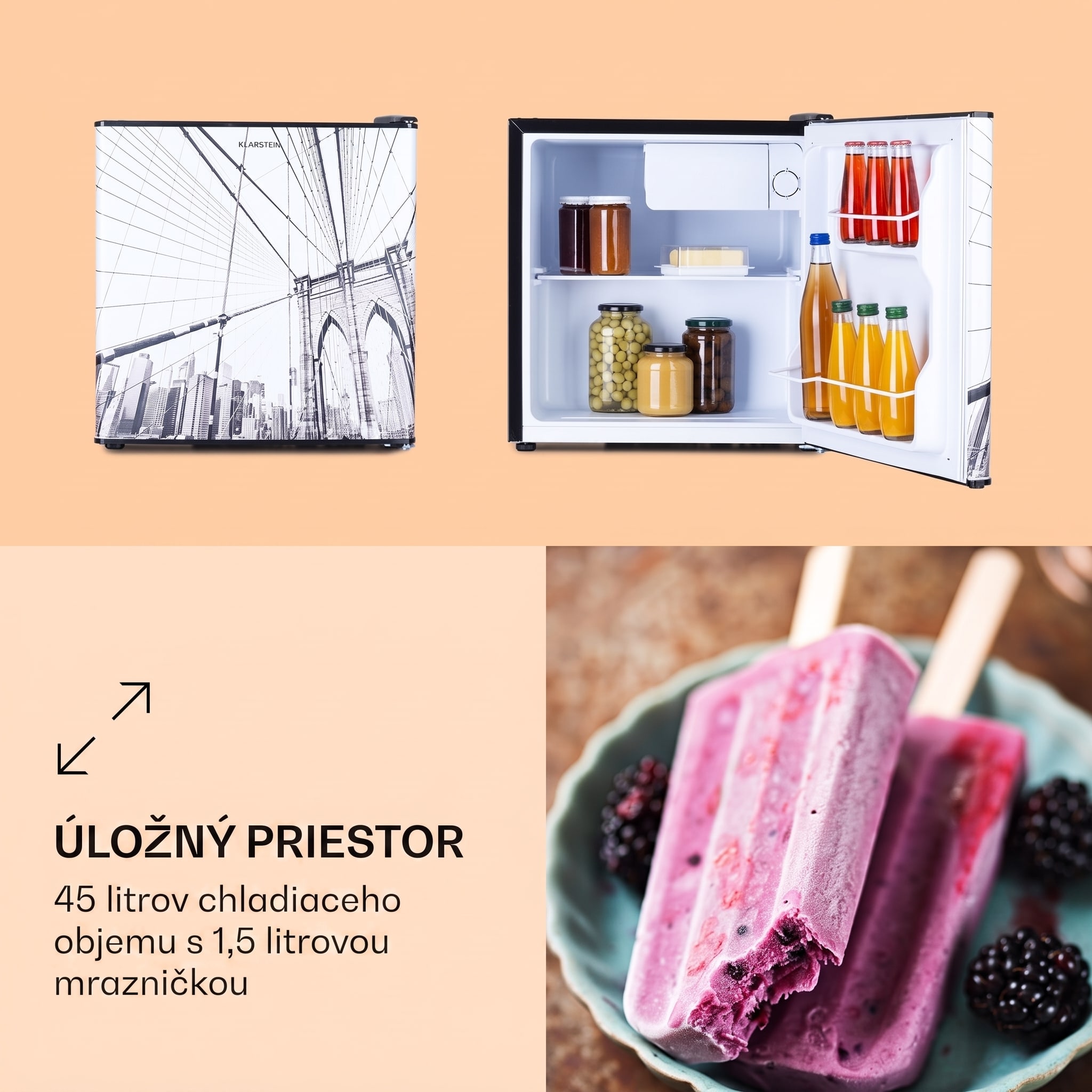 Klarstein CoolArt 45L, mini chladnička, EEK E, mraziaci priestor 1,5 l, dizajnové dvere – Obrázok 3