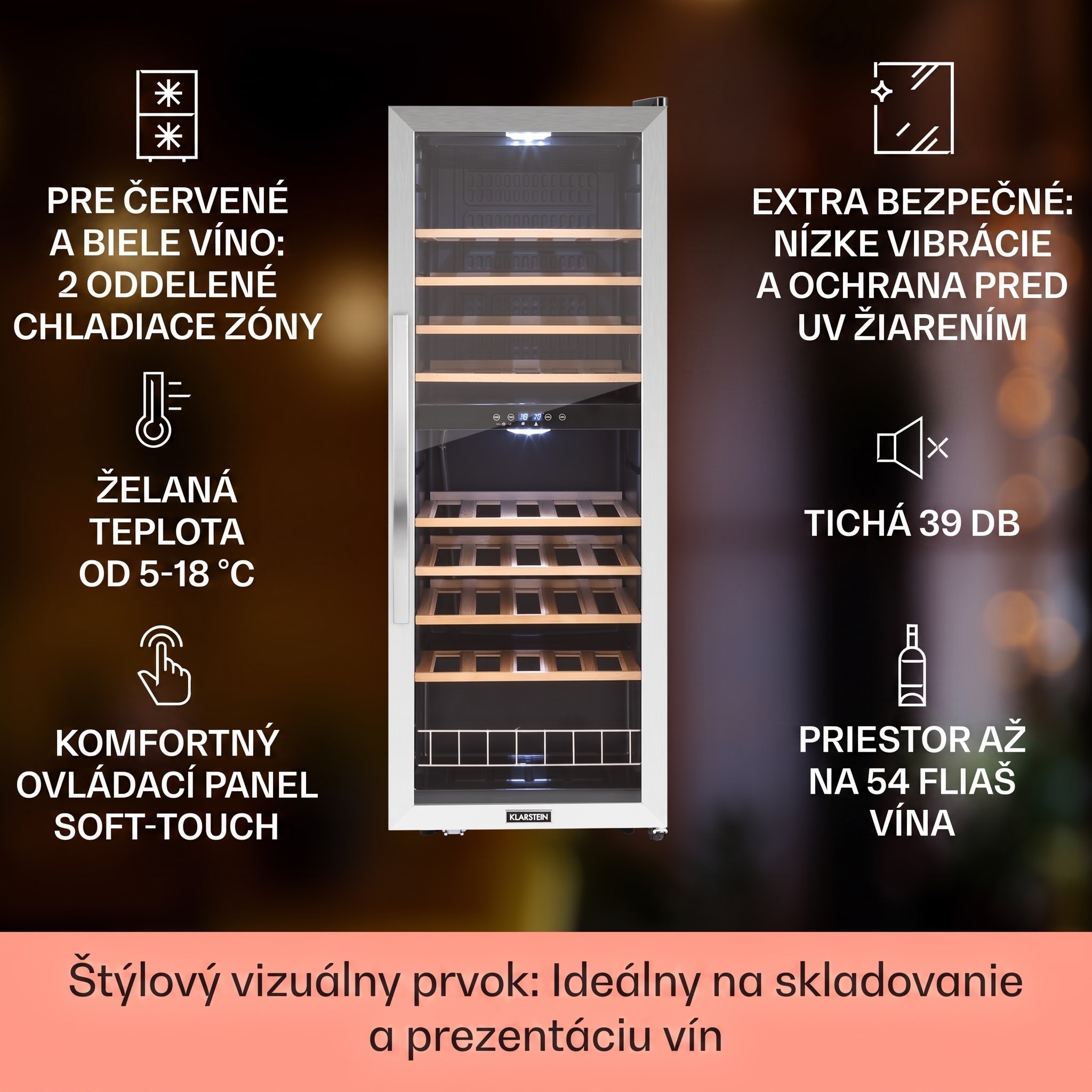 Klarstein Vinamour 54D, vinotéka, 148 l, 54 fliaš, 2 zóny, čelo z nehrdzavejúcej ocele – Obrázok 2