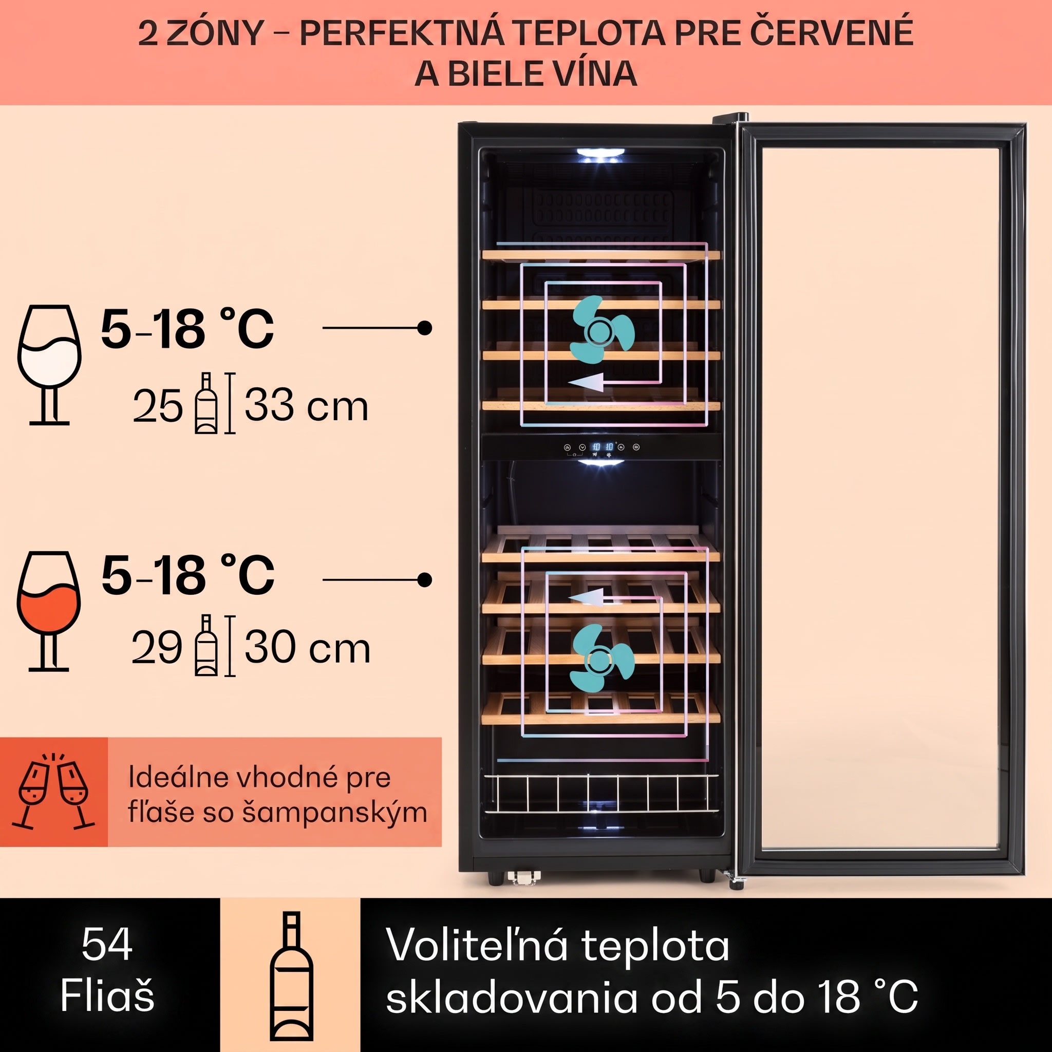 Klarstein Vinamour 54D, vinotéka, 148 l, 54 fliaš, 2 zóny, čelo z nehrdzavejúcej ocele – Obrázok 3