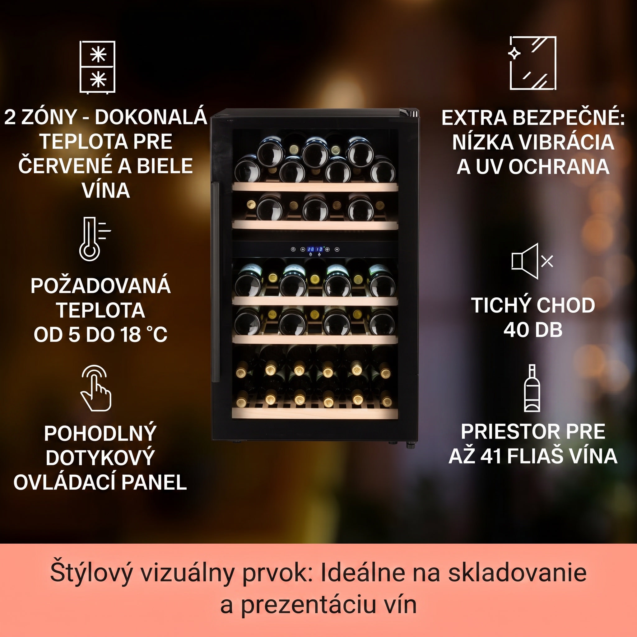 Klarstein Barossa 40D, vinotéka, 135 l, 2 zóny, 41 fliaš, sklenené dvere, dotyková – Obrázok 2
