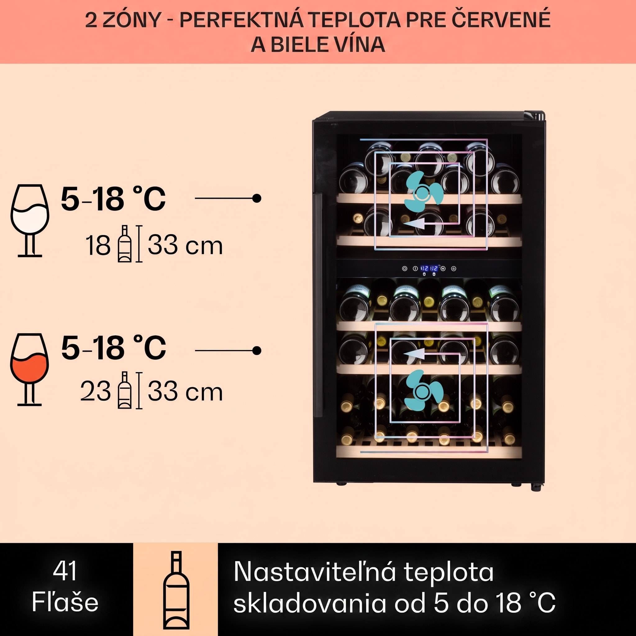 Klarstein Barossa 40D, vinotéka, 135 l, 2 zóny, 41 fliaš, sklenené dvere, dotyková – Obrázok 3