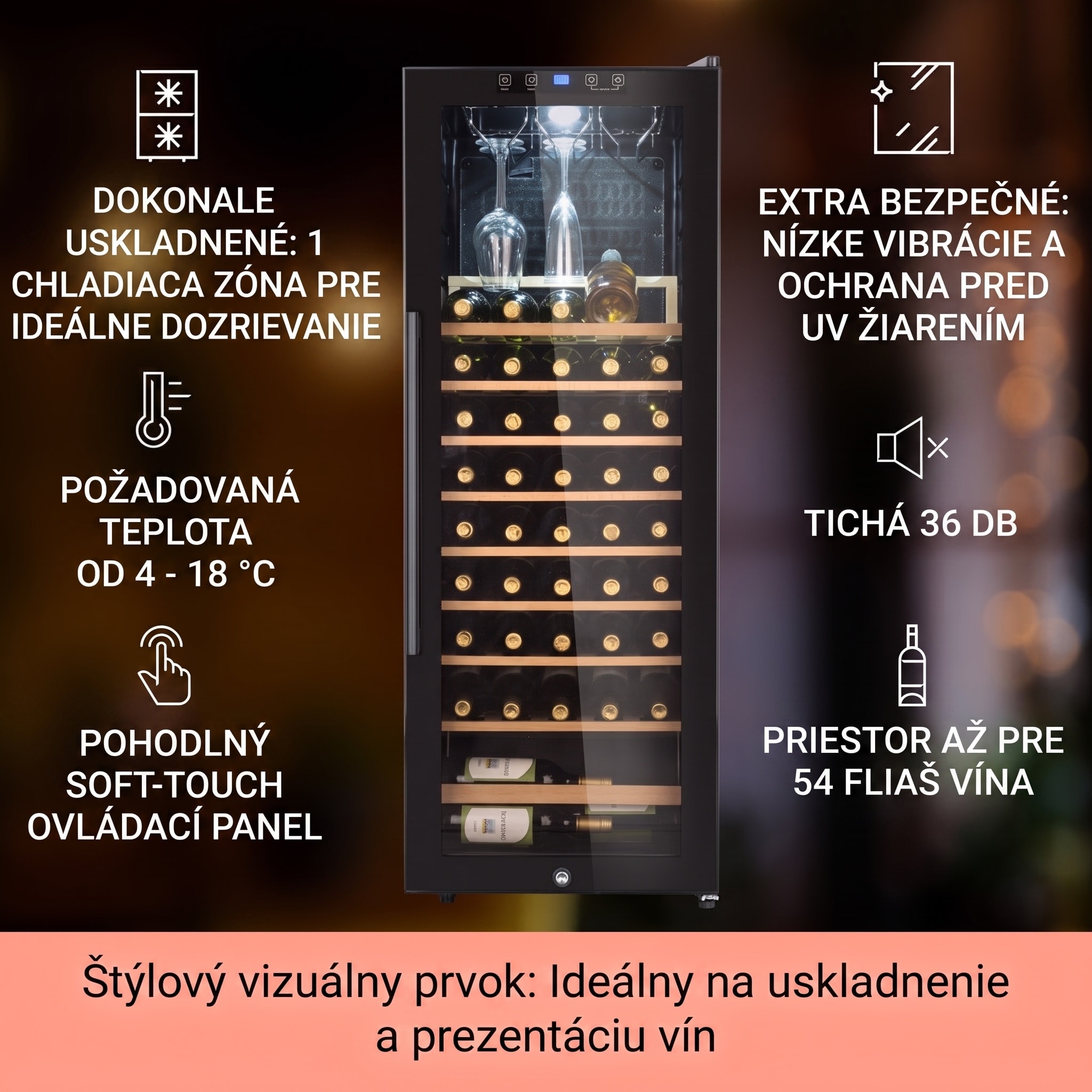 Klarstein Barossa 54 Uno, vinotéka, 155 l, 54 fliaš, sklenené dvere, dotykové ovládanie, LED – Obrázok 2