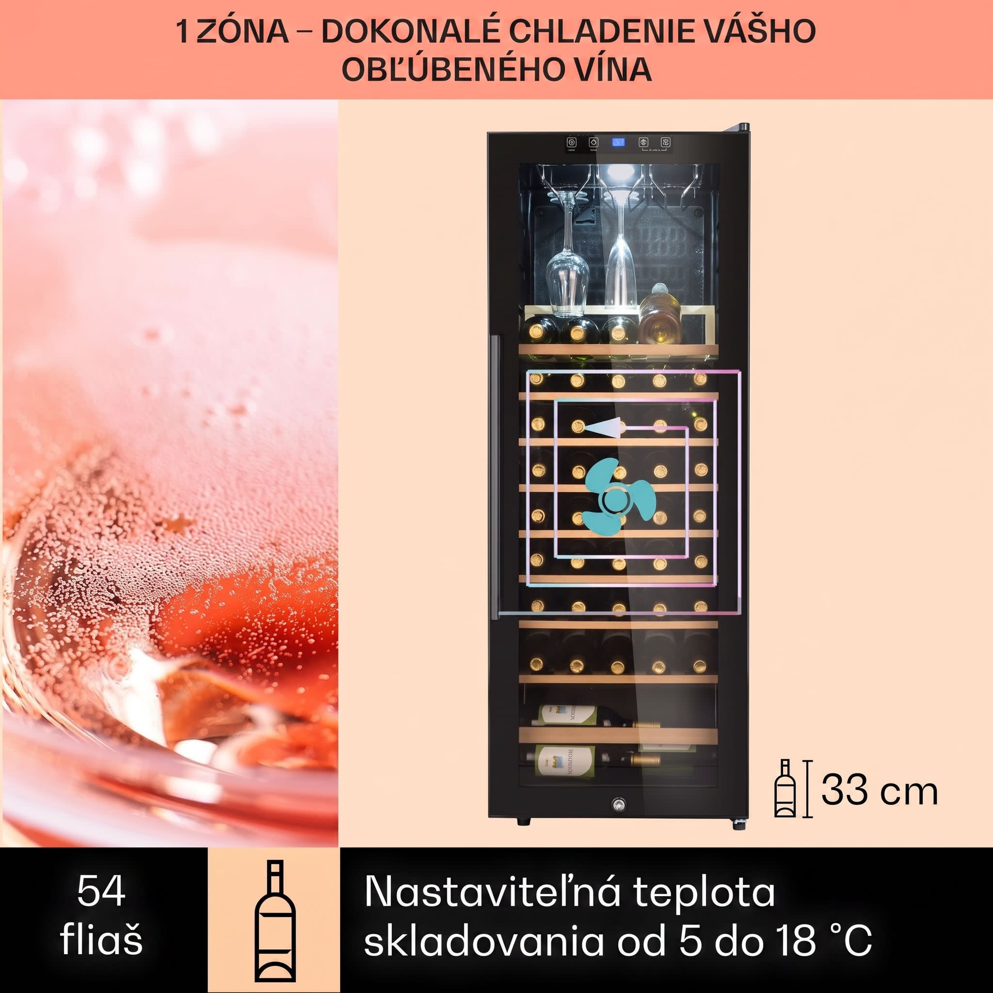 Klarstein Barossa 54 Uno, vinotéka, 155 l, 54 fliaš, sklenené dvere, dotykové ovládanie, LED – Obrázok 3