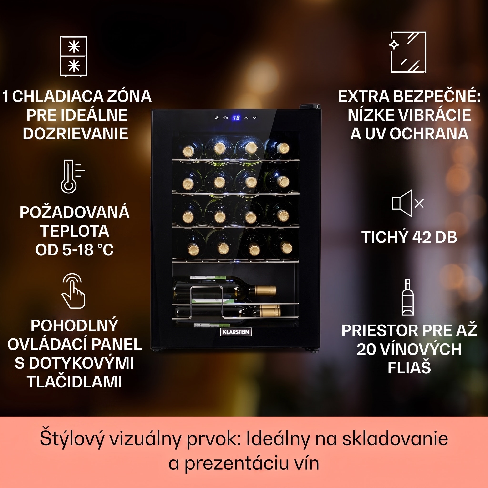 Klarstein Shiraz 20 Uno, vinotéka, 53 l, 20 fliaš, 5-18°C, dotykový ovládací panel – Obrázok 2