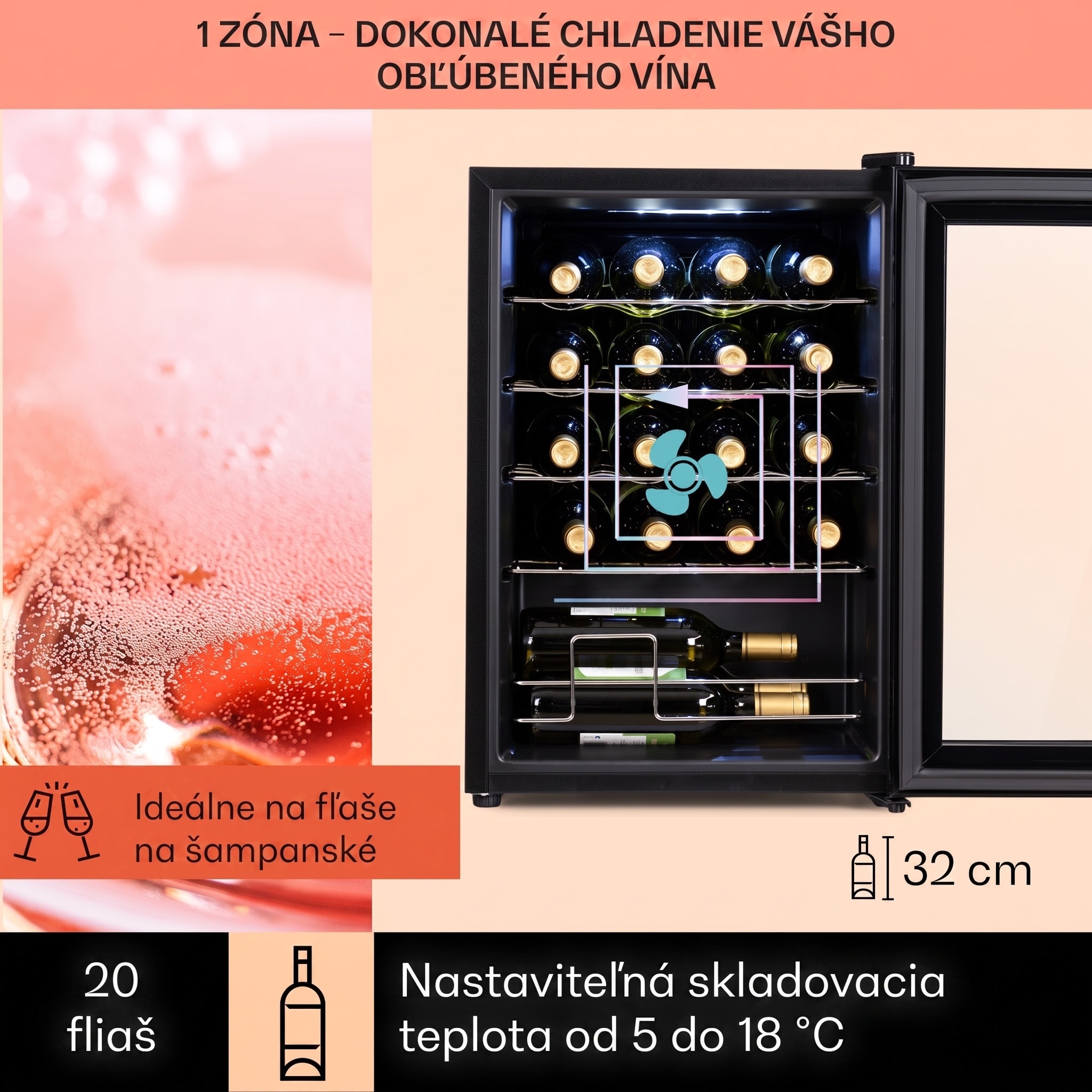 Klarstein Shiraz 20 Uno, vinotéka, 53 l, 20 fliaš, 5-18°C, dotykový ovládací panel – Obrázok 3