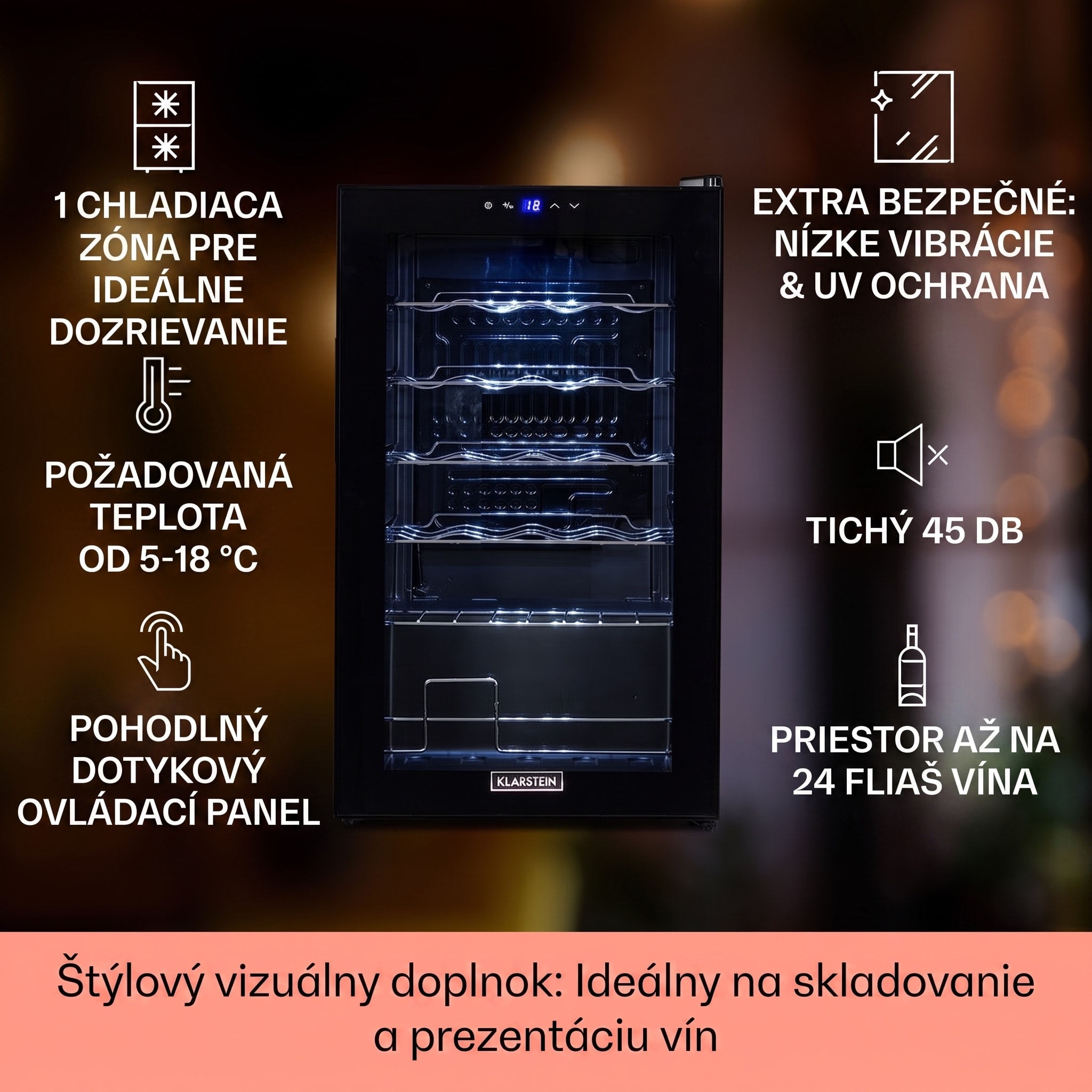 Klarstein Shiraz 24 Uno, vinotéka, 63 l, 24 fliaš, 5-18°C, dotykový ovládací panel – Obrázok 2