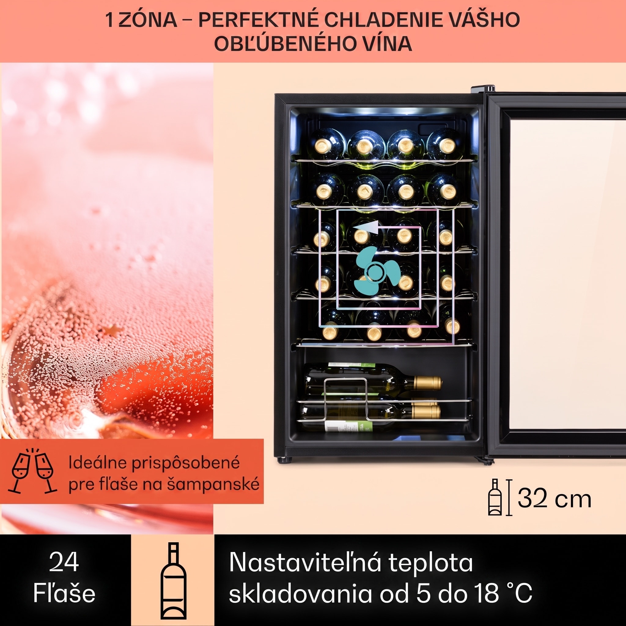 Klarstein Shiraz 24 Uno, vinotéka, 63 l, 24 fliaš, 5-18°C, dotykový ovládací panel – Obrázok 3