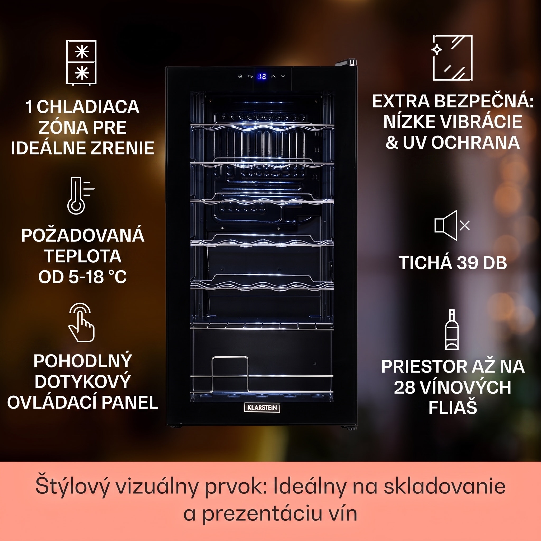 Klarstein Shiraz 28 Uno, vinotéka, 74 l, 28 fliaš, 5-18°C, dotykový ovládací panel – Obrázok 2