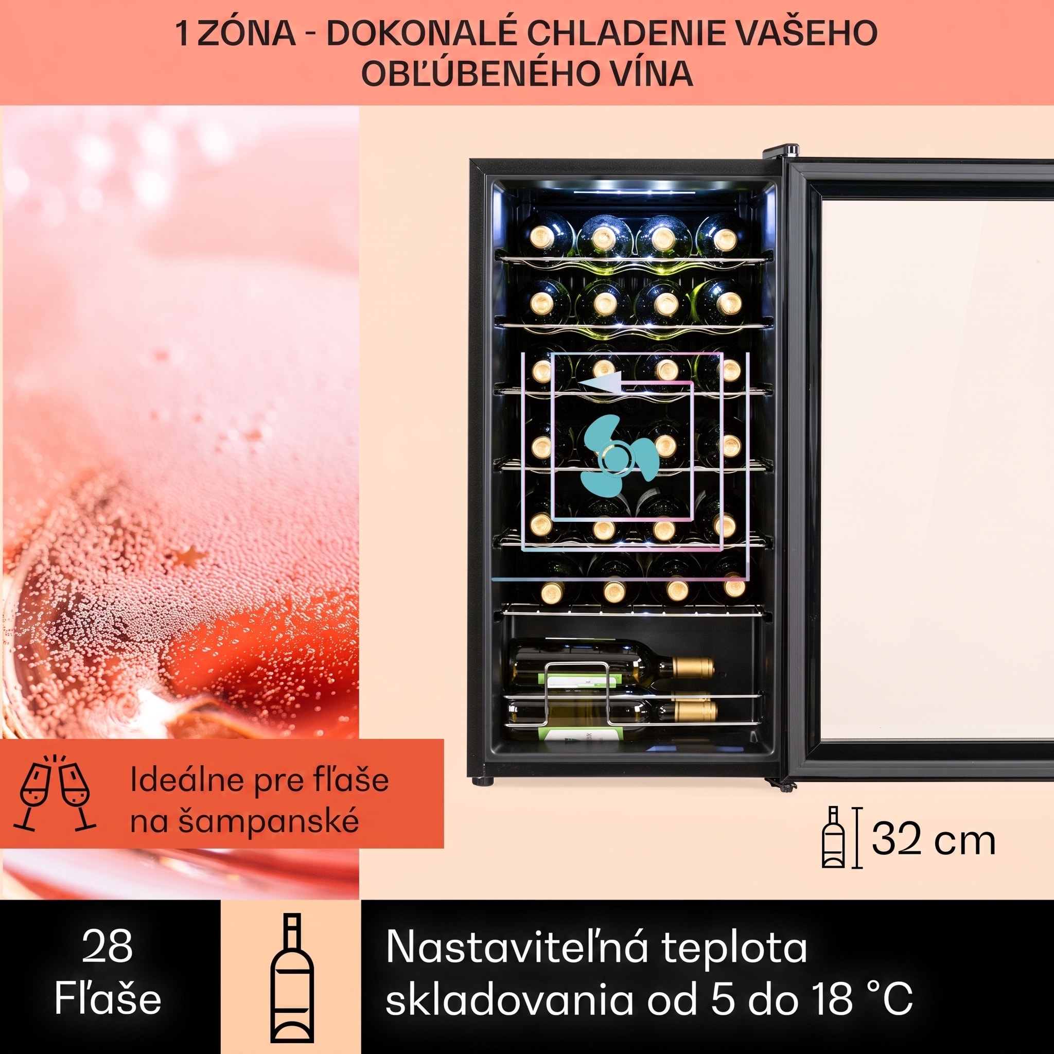 Klarstein Shiraz 28 Uno, vinotéka, 74 l, 28 fliaš, 5-18°C, dotykový ovládací panel – Obrázok 3