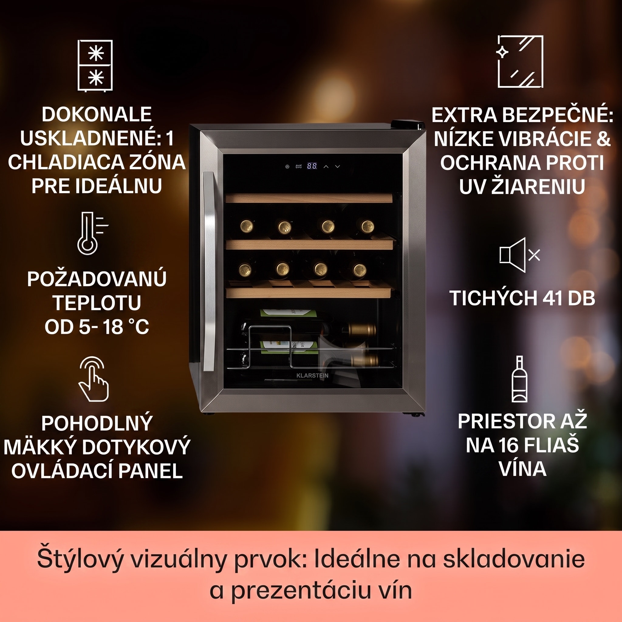 Klarstein Vinamour 16 Uno, vinotéka, 42 l, 16 fliaš, 5-18°C, 41 dB, sklo – Obrázok 2
