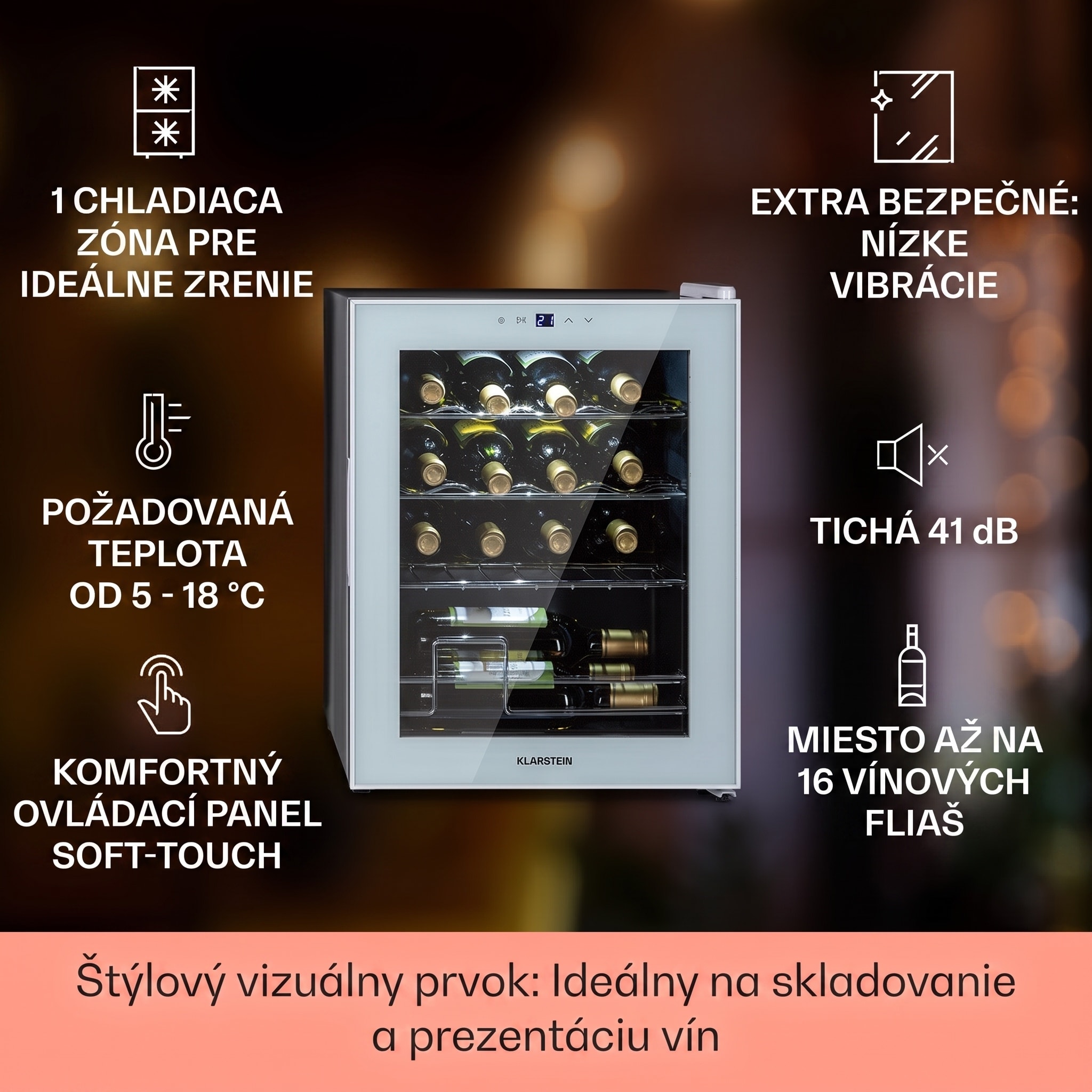 Klarstein Shiraz 16 Quartz, vinotéka, 42 l, 160 W, 5-18°C, dotykový ovládací panel – Obrázok 2
