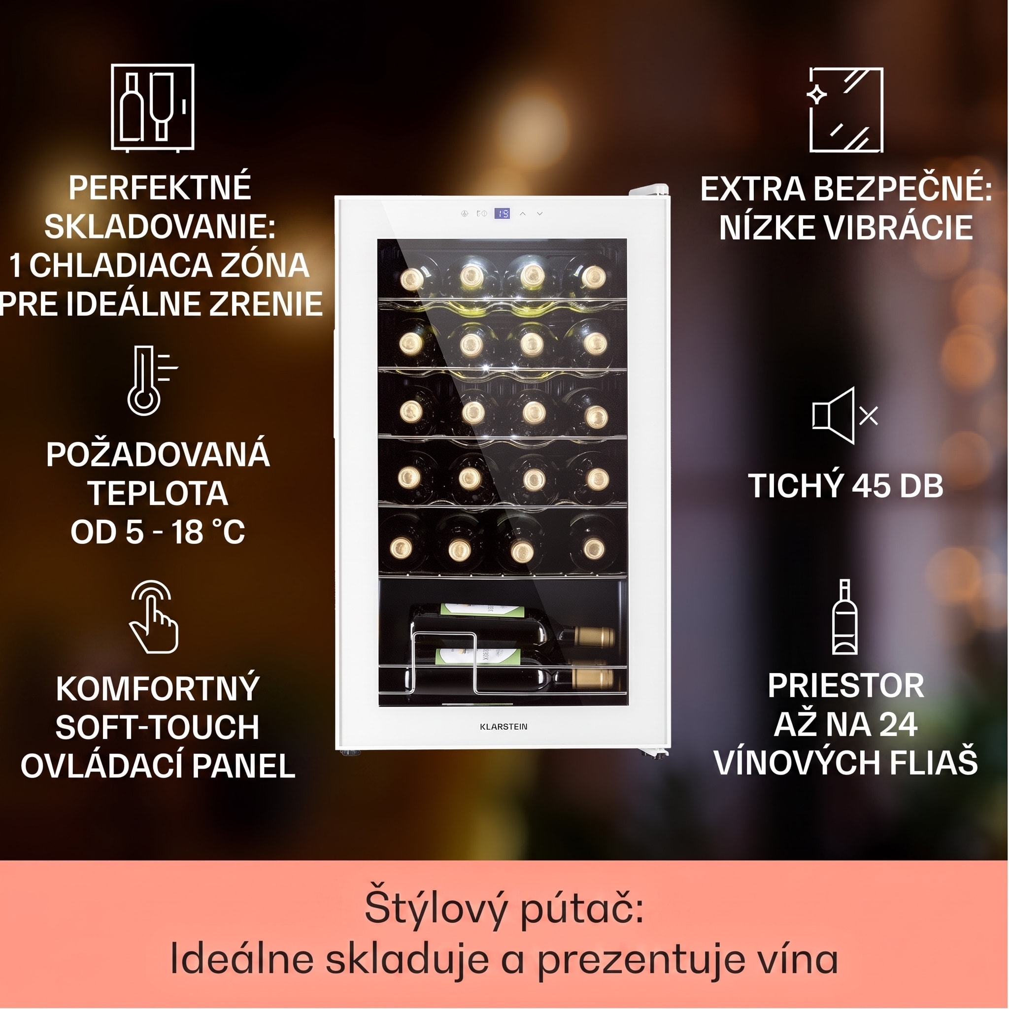 Klarstein Shiraz 24 Uno, vinotéka, 63 l, 24 fliaš, 5-18°C, dotykový ovládací panel – Obrázok 2
