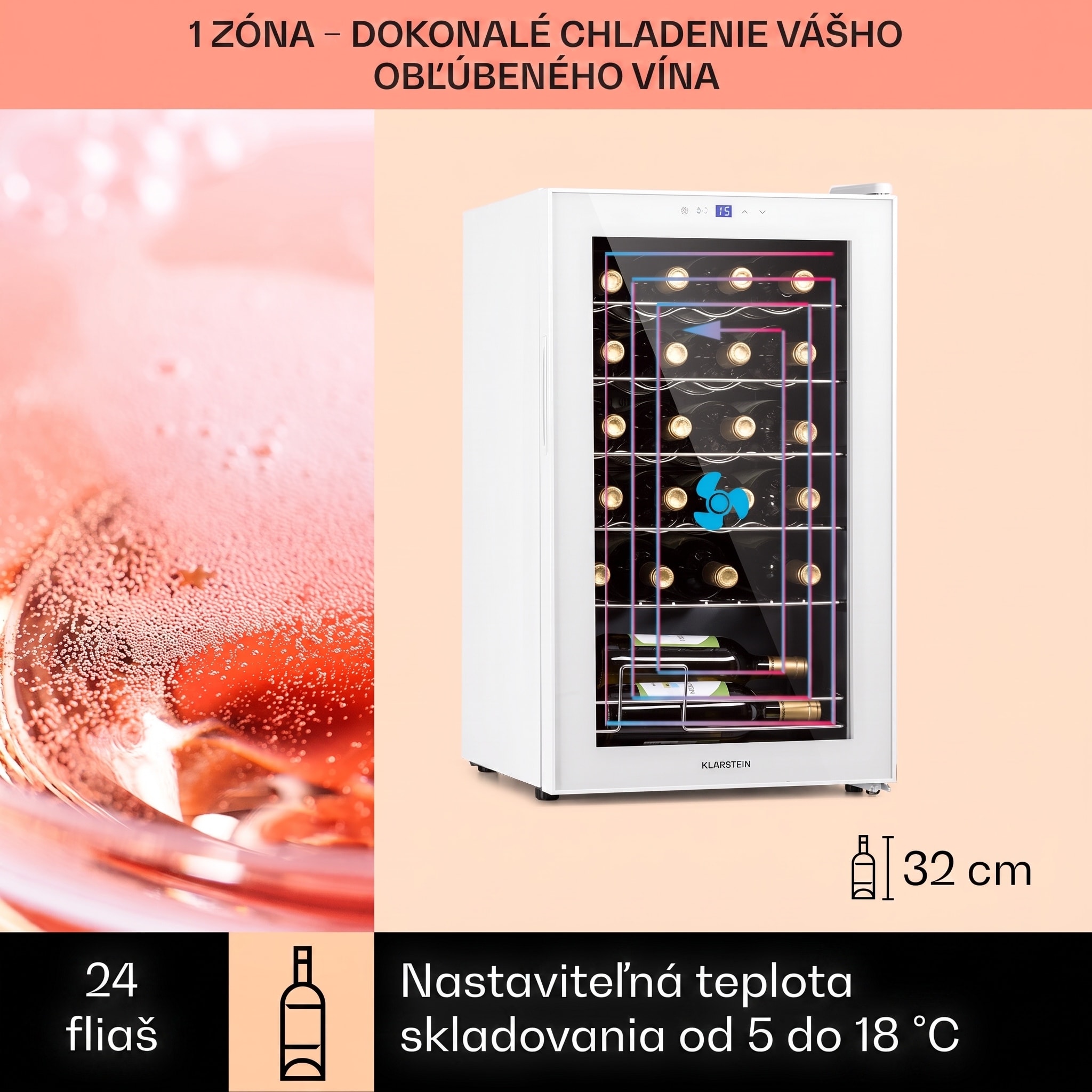 Klarstein Shiraz 24 Uno, vinotéka, 63 l, 24 fliaš, 5-18°C, dotykový ovládací panel – Obrázok 3