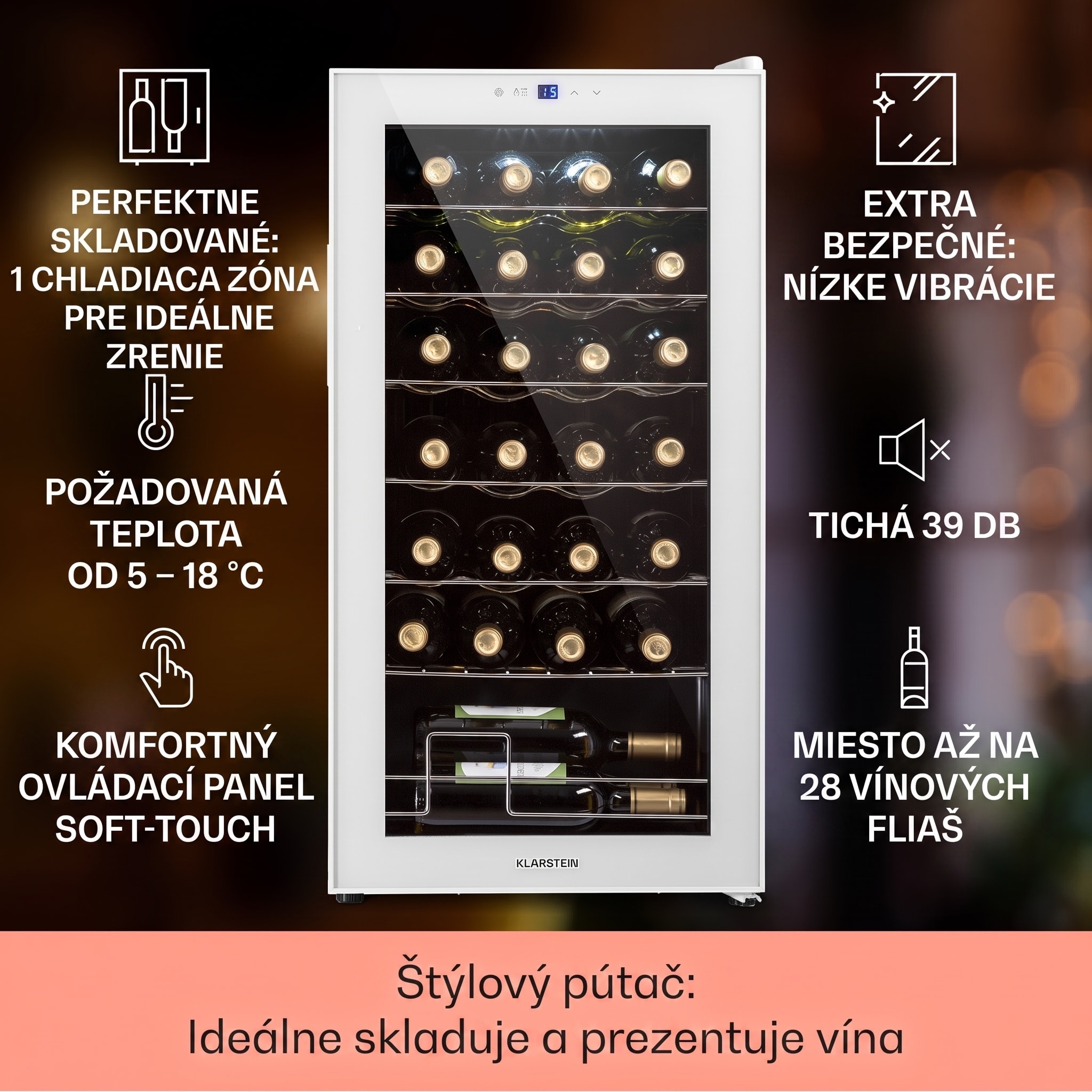 Klarstein Shiraz 28 Uno, vinotéka, 74 l, 28 fliaš, 5-18°C, dotykový ovládací panel – Obrázok 2