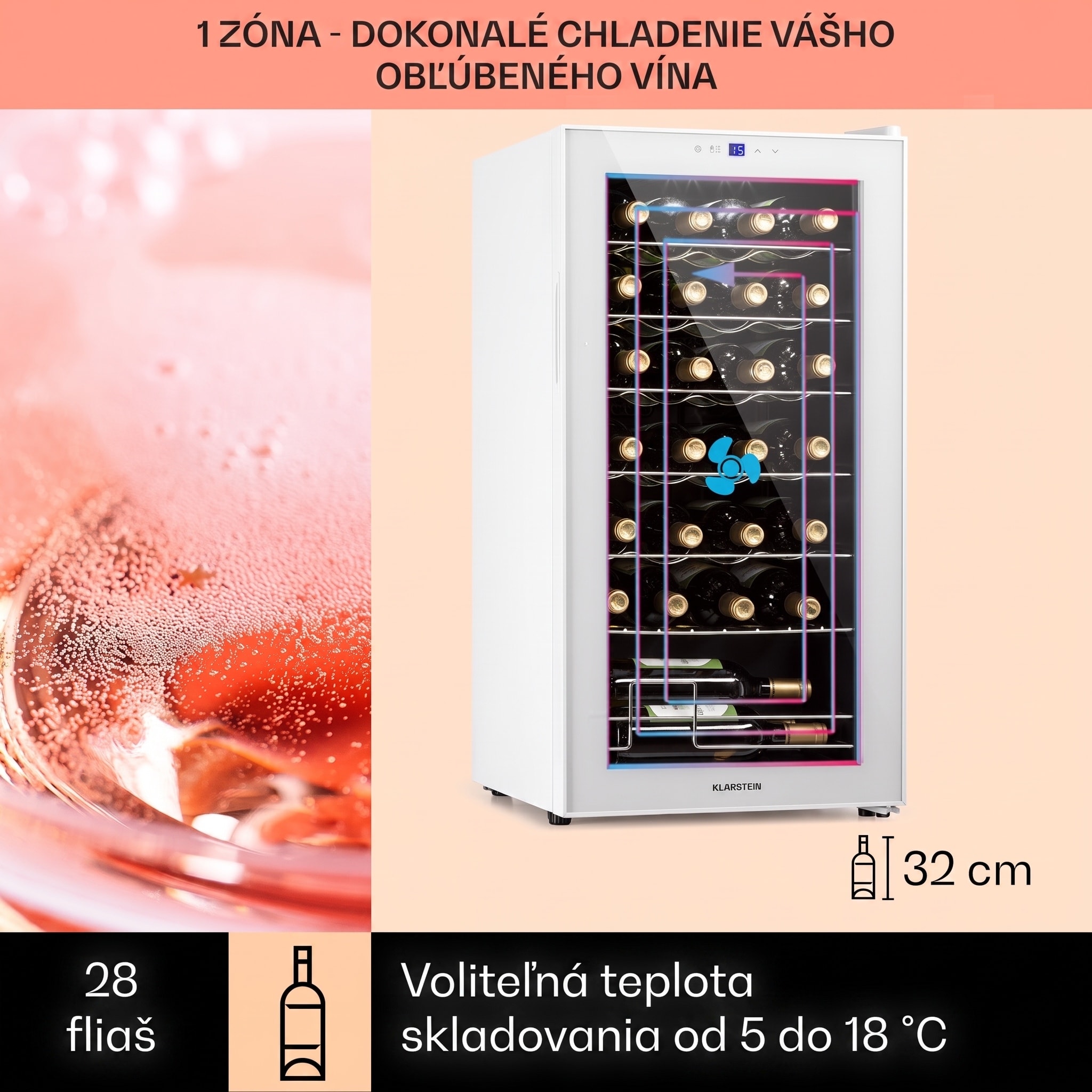 Klarstein Shiraz 28 Uno, vinotéka, 74 l, 28 fliaš, 5-18°C, dotykový ovládací panel – Obrázok 3