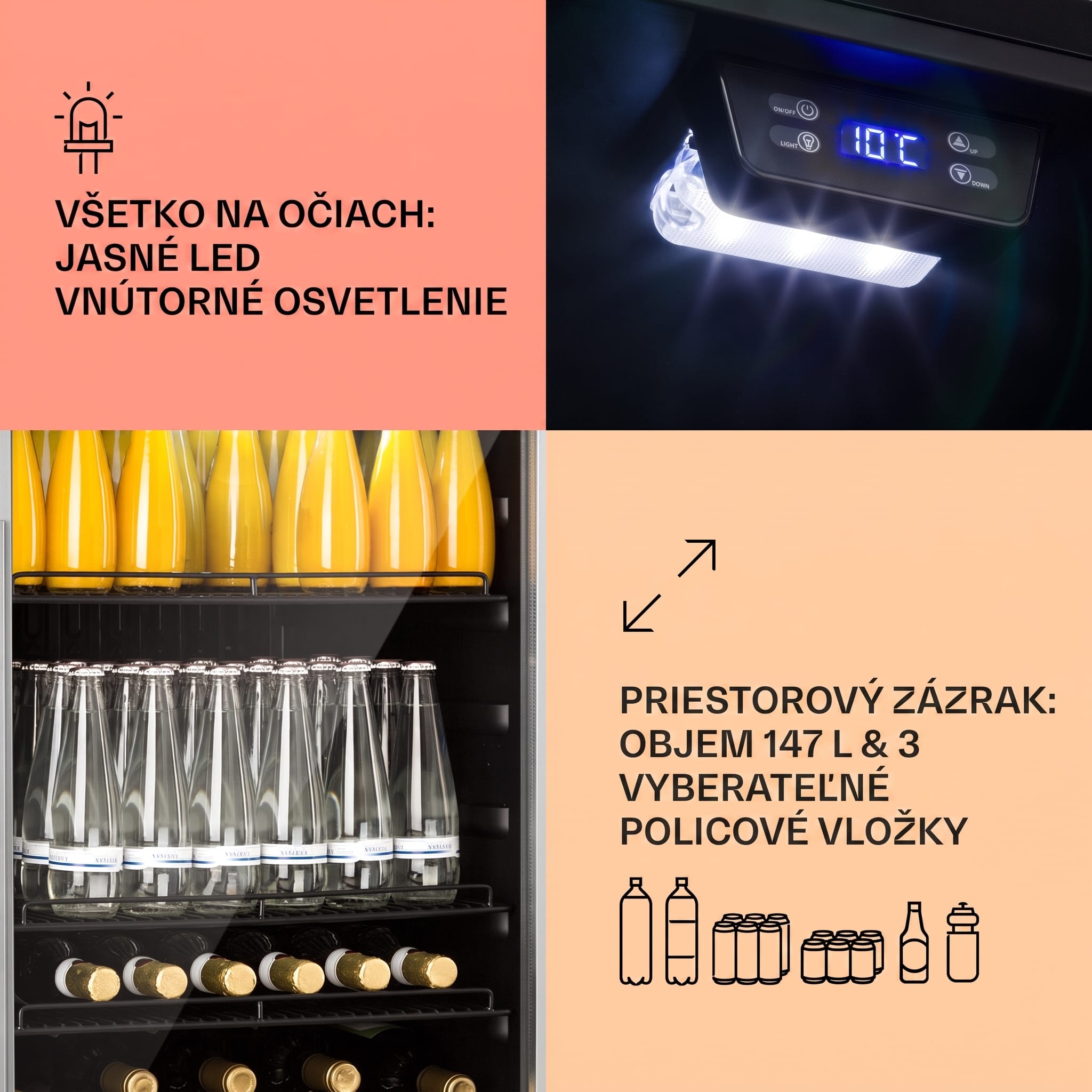 Klarstein Beersafe 5XL, chladnička, 147 l, 3 police, panoramatické sklenené dvere, nehrdzavejúca oceľ – Obrázok 4