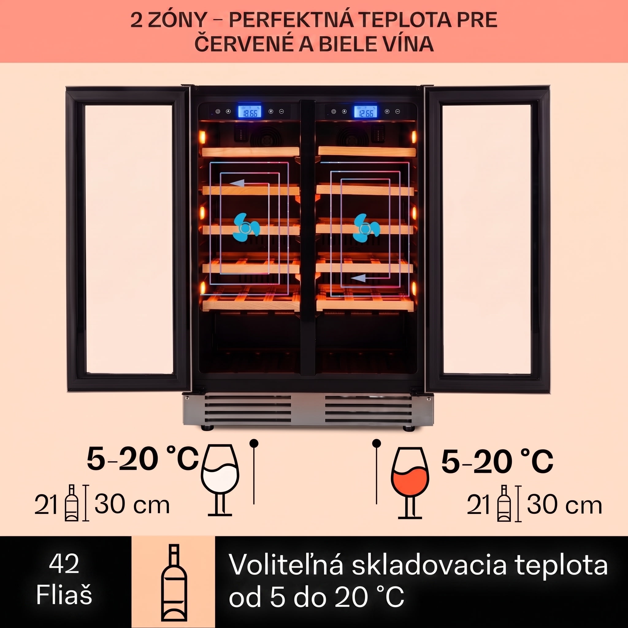 Klarstein Vinovilla Duo 42, dvojzónová vinotéka, 126 l, 42 fliaš, 3 farebné LED osvetlenie, sklenené dvere – Obrázok 3