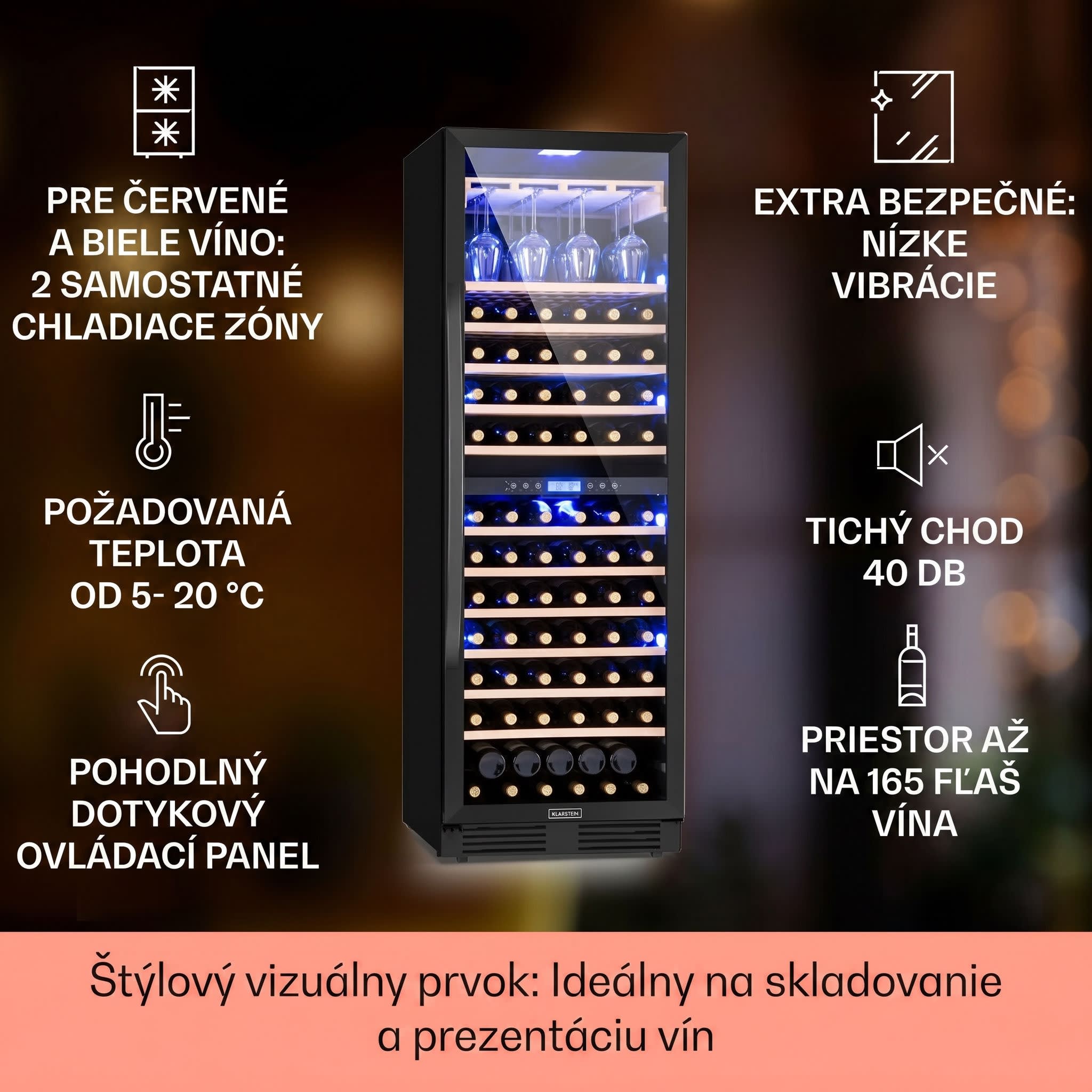 Klarstein Vinovilla Onyx Grande Duo, vinotéka, 425 l, 162 fliaš, 3-farebné LED osvetlenie, čierna – Obrázok 2