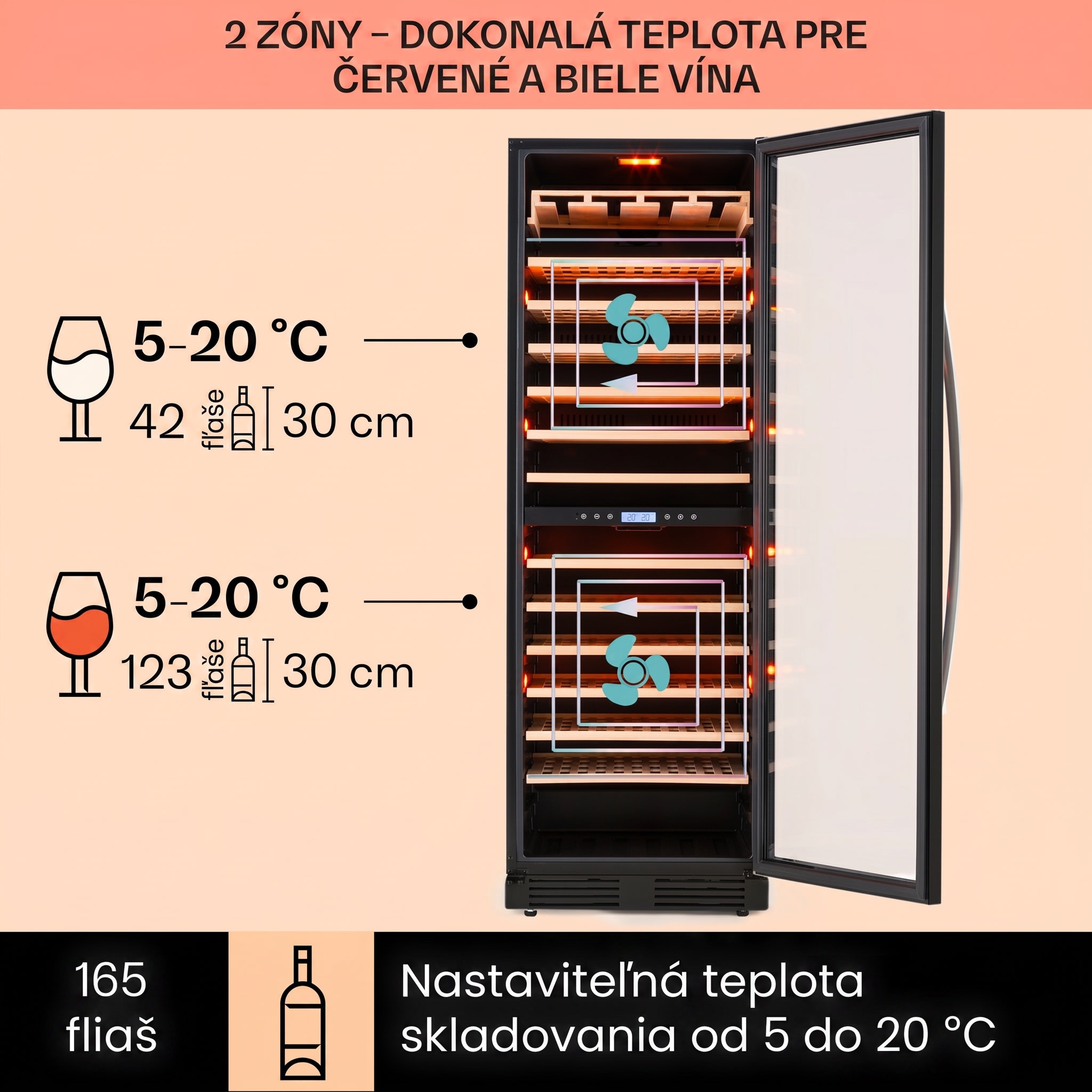 Klarstein Vinovilla Onyx Grande Duo, vinotéka, 425 l, 162 fliaš, 3-farebné LED osvetlenie, čierna – Obrázok 3