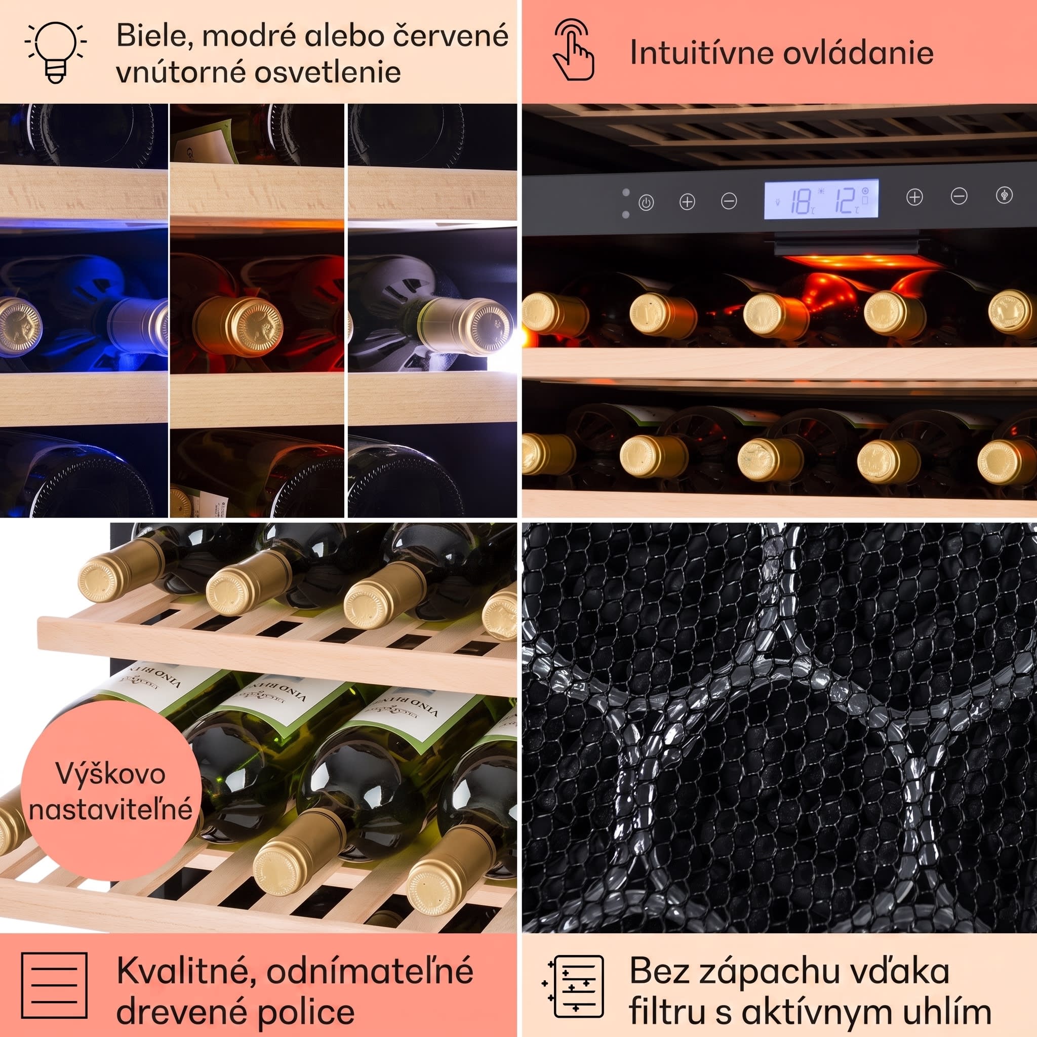 Klarstein Vinovilla Onyx Grande Duo, vinotéka, 425 l, 162 fliaš, 3-farebné LED osvetlenie, čierna – Obrázok 5