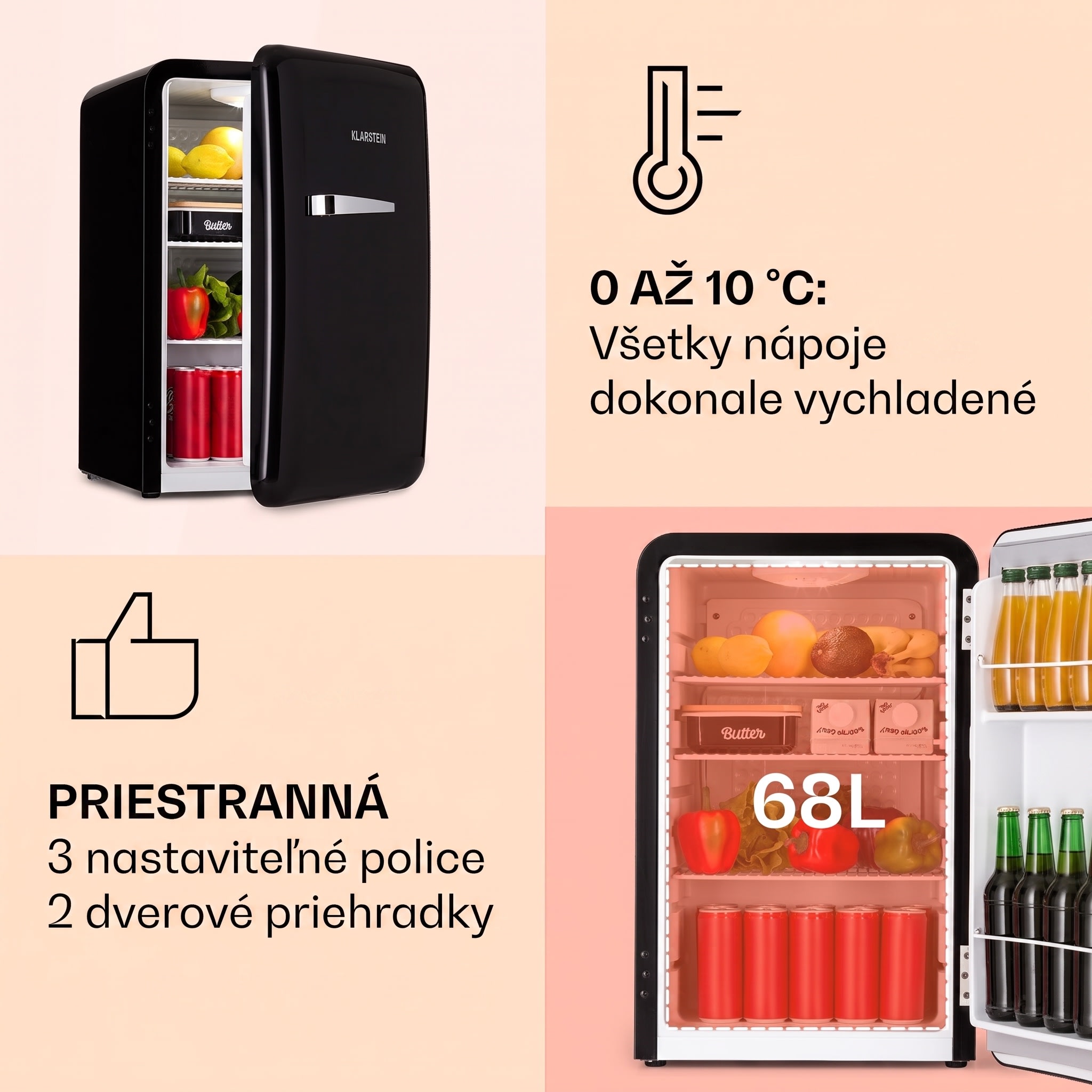 Klarstein Audrey, retro chladnička, 70 l, 3 police, 2 priehradky vo dverách, vnútorné osvetlenie – Obrázok 3