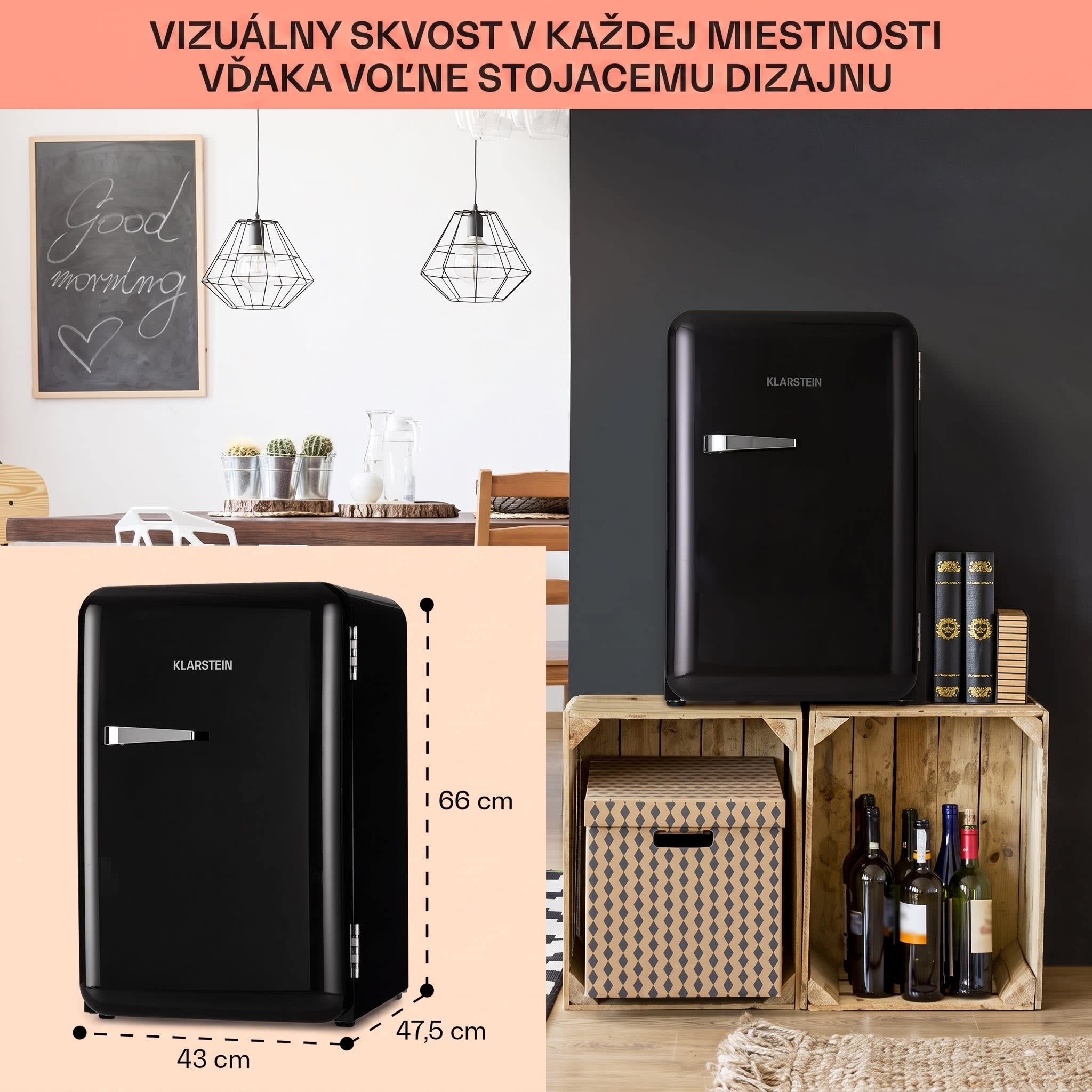 Klarstein Audrey, retro chladnička, 70 l, 3 police, 2 priehradky vo dverách, vnútorné osvetlenie – Obrázok 5