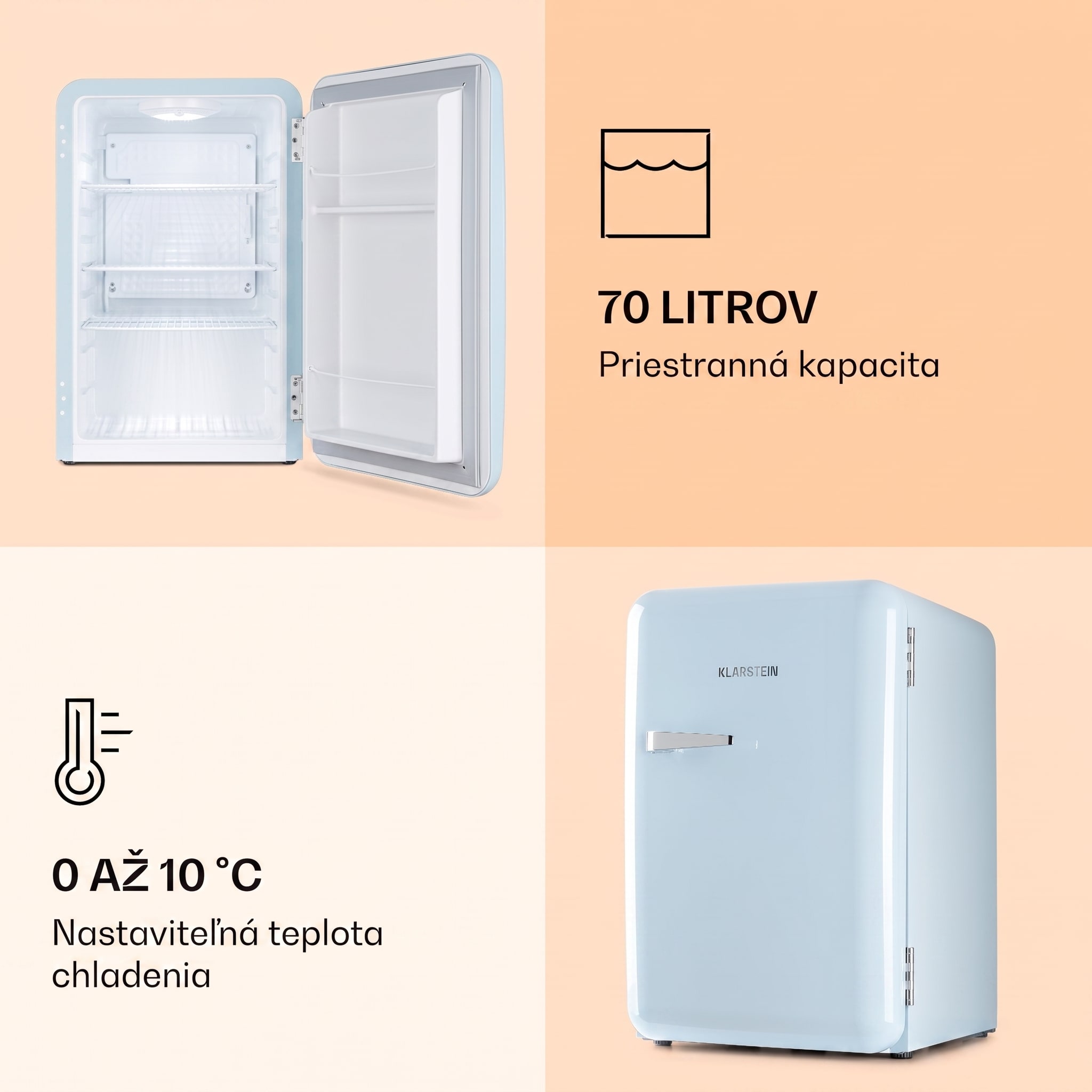 Klarstein Audrey, retro chladnička, 70 l, 3 police, 2 priehradky vo dverách, vnútorné osvetlenie – Obrázok 4