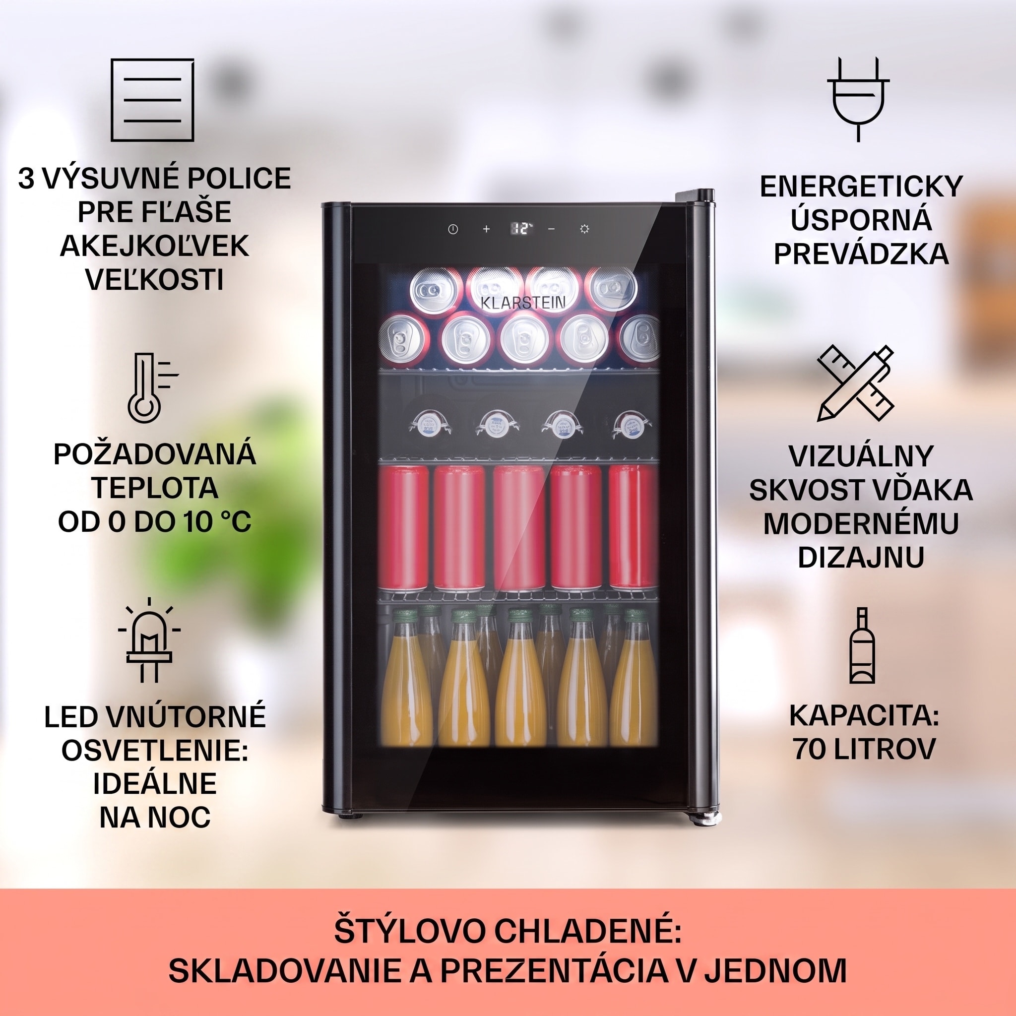 Klarstein Beercave 70, chladnička, 70 l, 3 police, trojito izolované sklenené dvere, dotyková – Obrázok 2