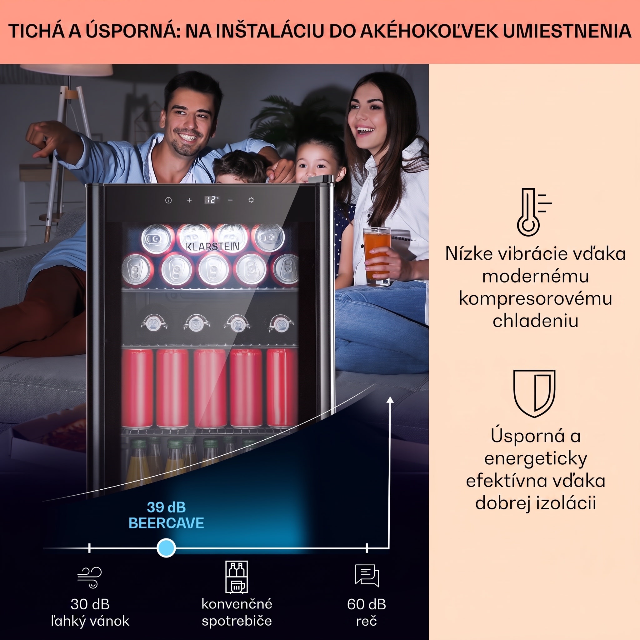 Klarstein Beercave 70, chladnička, 70 l, 3 police, trojito izolované sklenené dvere, dotyková – Obrázok 3