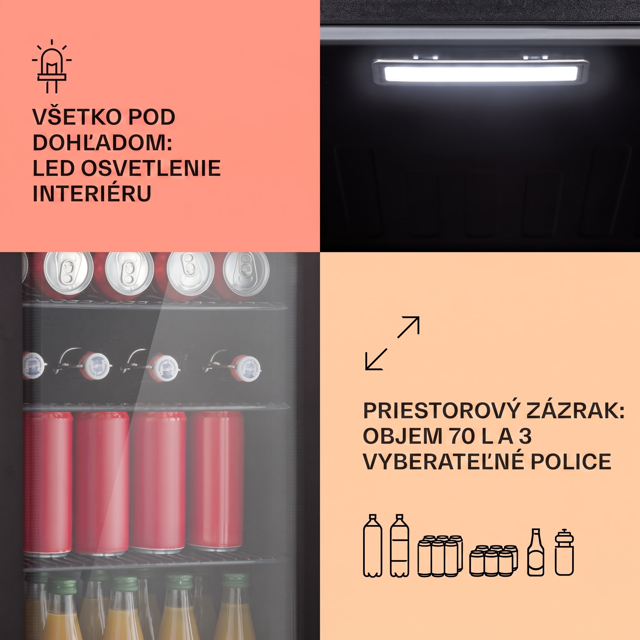 Klarstein Beercave 70, chladnička, 70 l, 3 police, trojito izolované sklenené dvere, dotyková – Obrázok 4