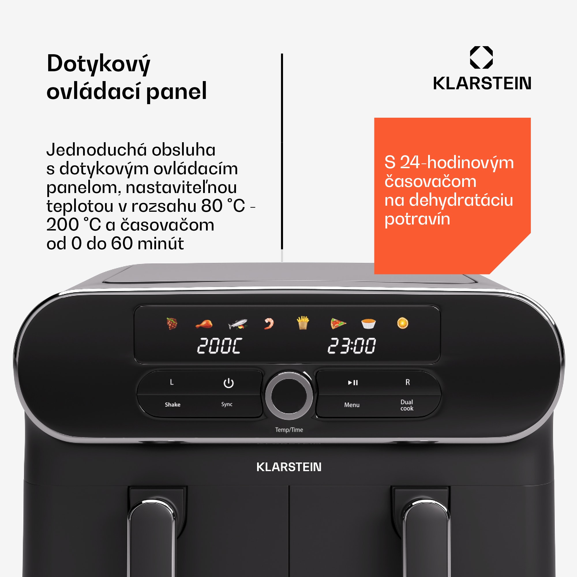 Klarstein AuraAir Color Touch teplovzdušná fritéza, 2 komory, 10 l, 1700 W, 80 - 200 °C, 8 programov – Obrázok 5