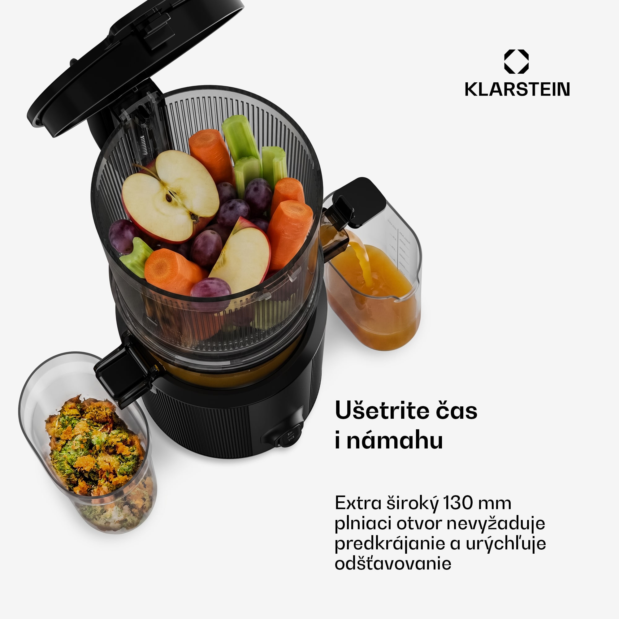 Klarstein Wavyn odšťavovač s lisovaním za studena | 300 W | Funkcia spätného chodu | Výkonný | Vstupný otvor so šírkou 130 mm – Obrázok 3