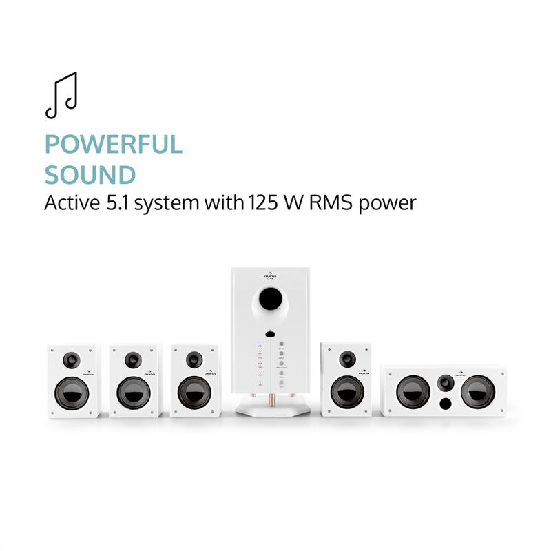 Auna Areal 525, 125W RMS, aktívny 5.1-kanálový reproduktorový systém, AUX biely – Obrázok 4