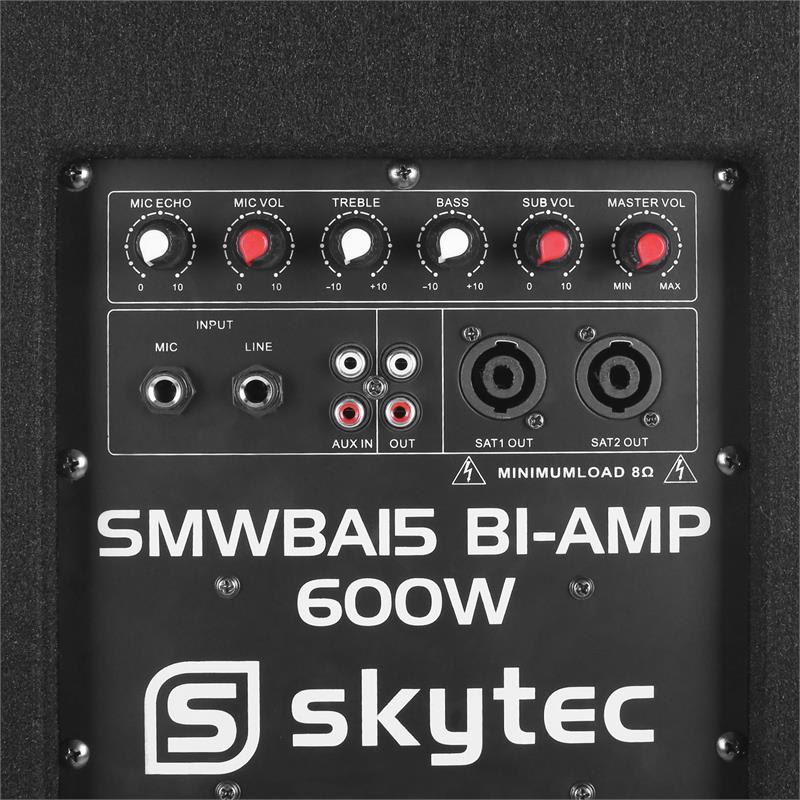 Skytec SMWBA15, aktívny PA subwoofer, bi-amp, AUX, MIC – Obrázok 4