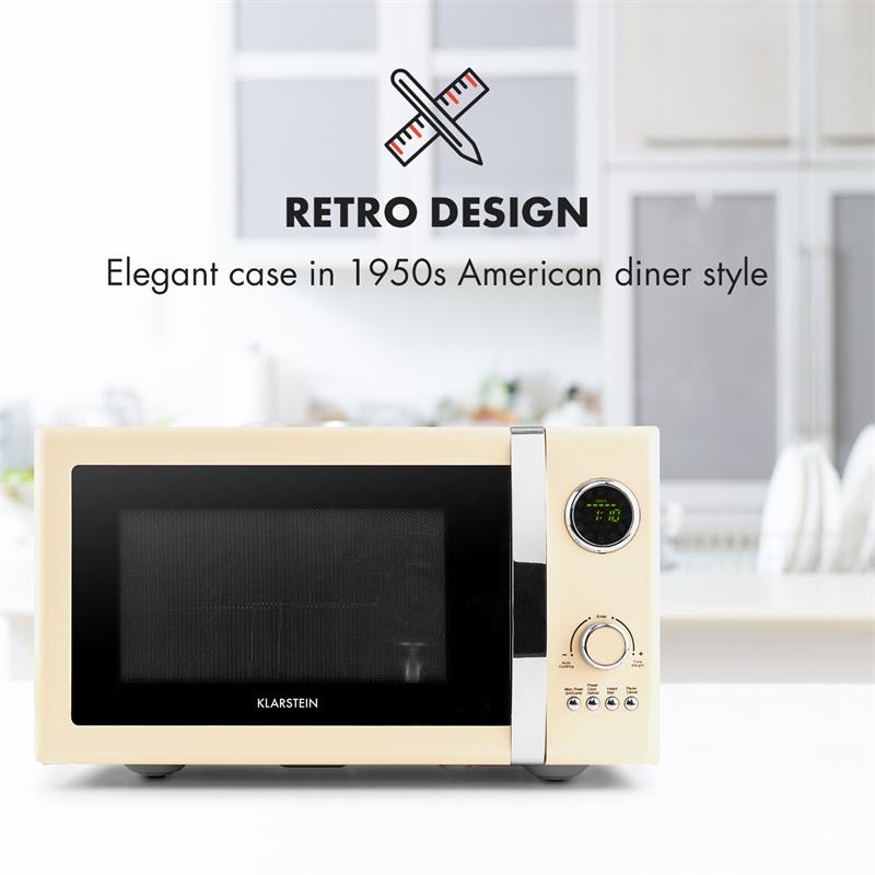 Klarstein Fine Dinesty, mikrovlnná rúra 2 v 1, 23 l, 800 W, gril: 1000 W, retro, 12 programov, krémová – Obrázok 3
