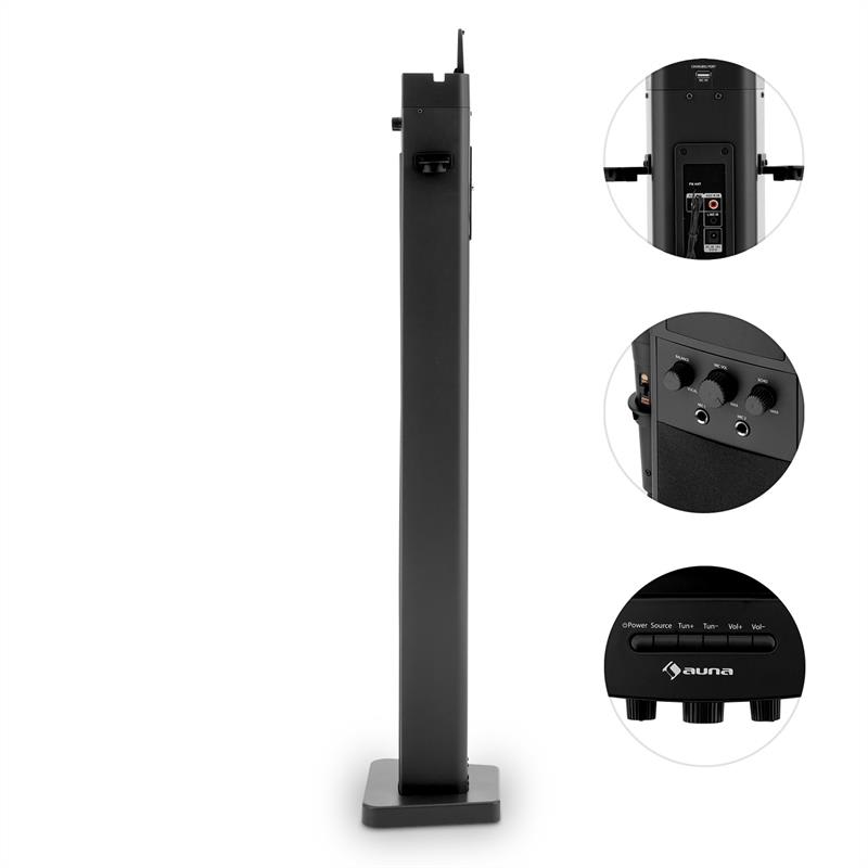 Auna HiTower, karaoke vežový reproduktor, bluetooth, FM, AUX, USB nabíjací slot, 2 x mikrofón – Obrázok 2