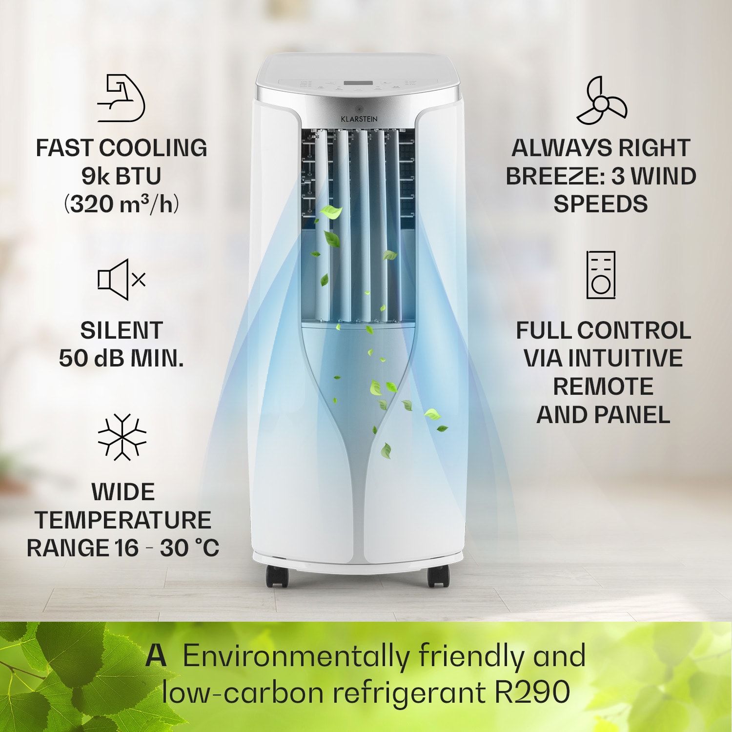 Klarstein New Breeze 9, mobilná klimatizácia, 2.7 kW, trieda energetickej účinnosti A, diaľkový ovládač, biela – Obrázok 3