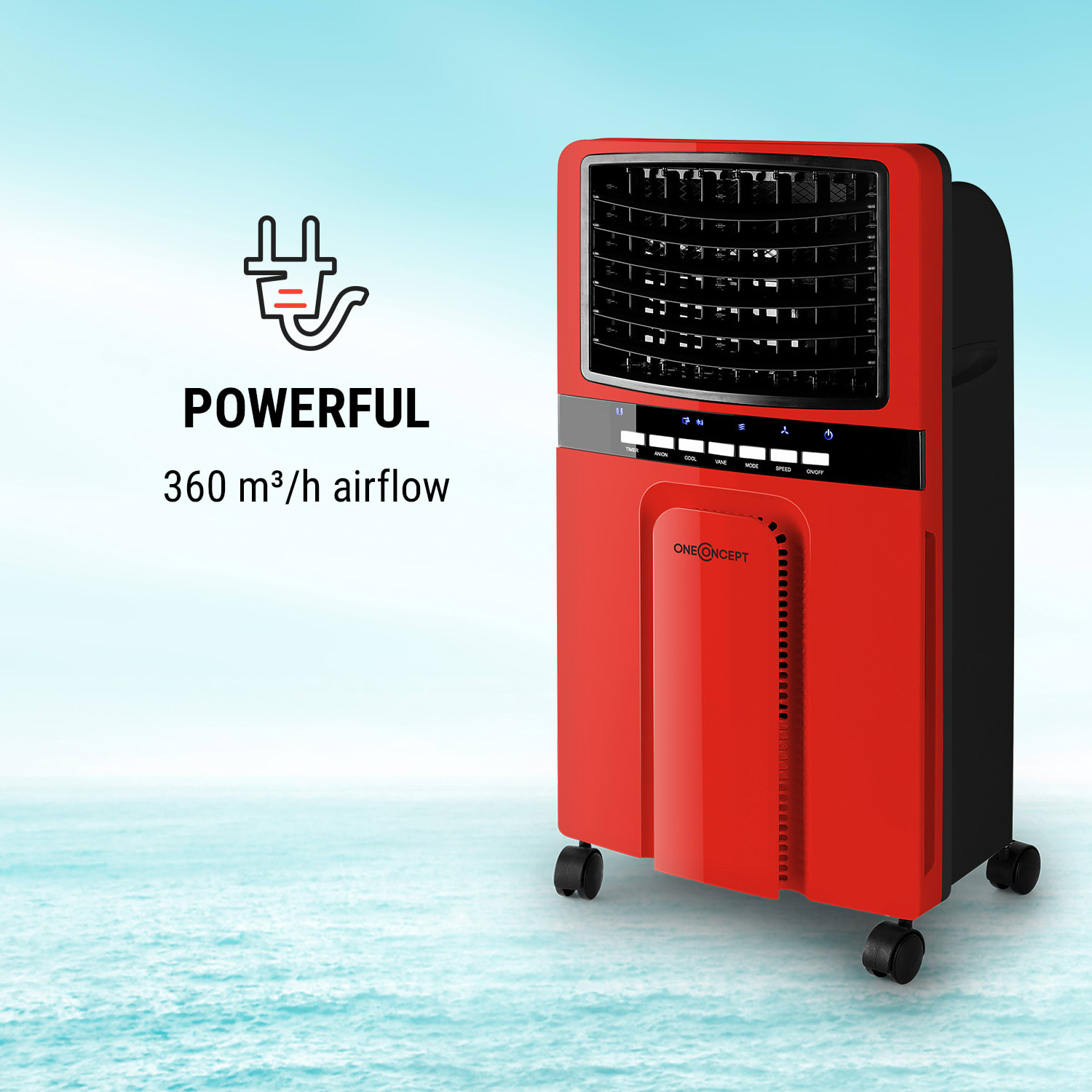 OneConcept Baltic Red, ochladzovač vzduchu, ventilátor, diaľkový ovládač, 65 W, 400 m³/h – Obrázok 3
