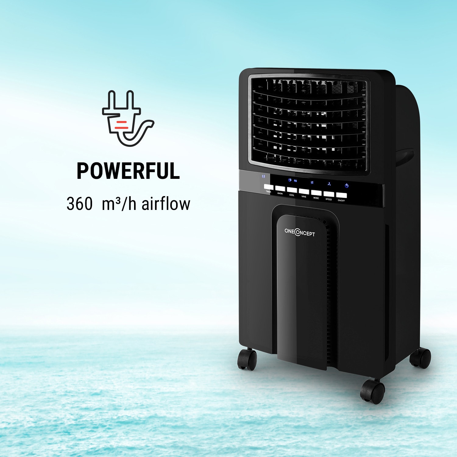 OneConcept Baltic Black, ochladzovač vzduchu, ventilátor, 65 W, 400 m³/h, diaľkový ovládač – Obrázok 3