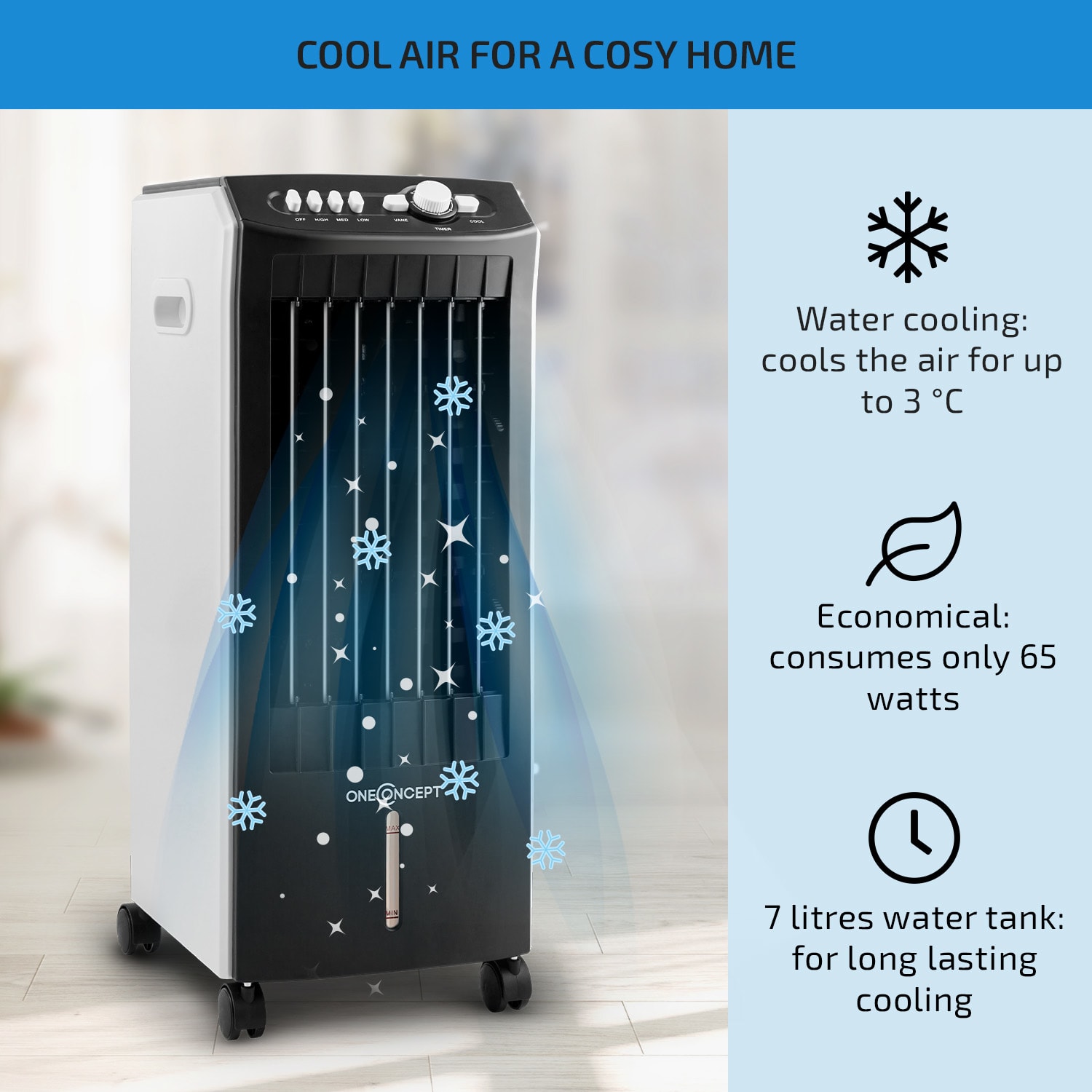 OneConcept MCH-1 V2, 3 v 1 ochladzovač vzduchu, ventilátor, 65 W – Obrázok 2