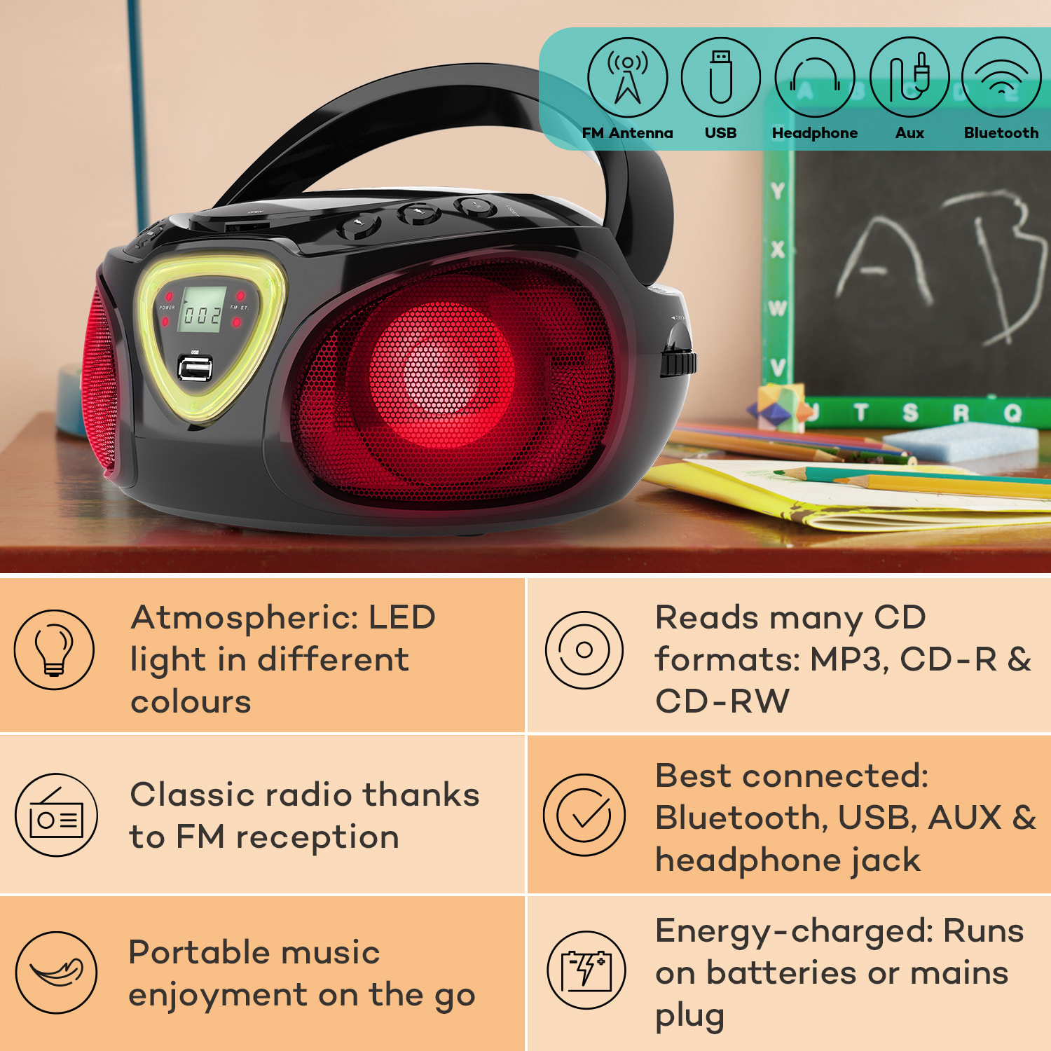 Auna Roadie CD Boombox UKW rádio, Svetelná show, CD prehrávač, Bluetooth 5.0 – Obrázok 2